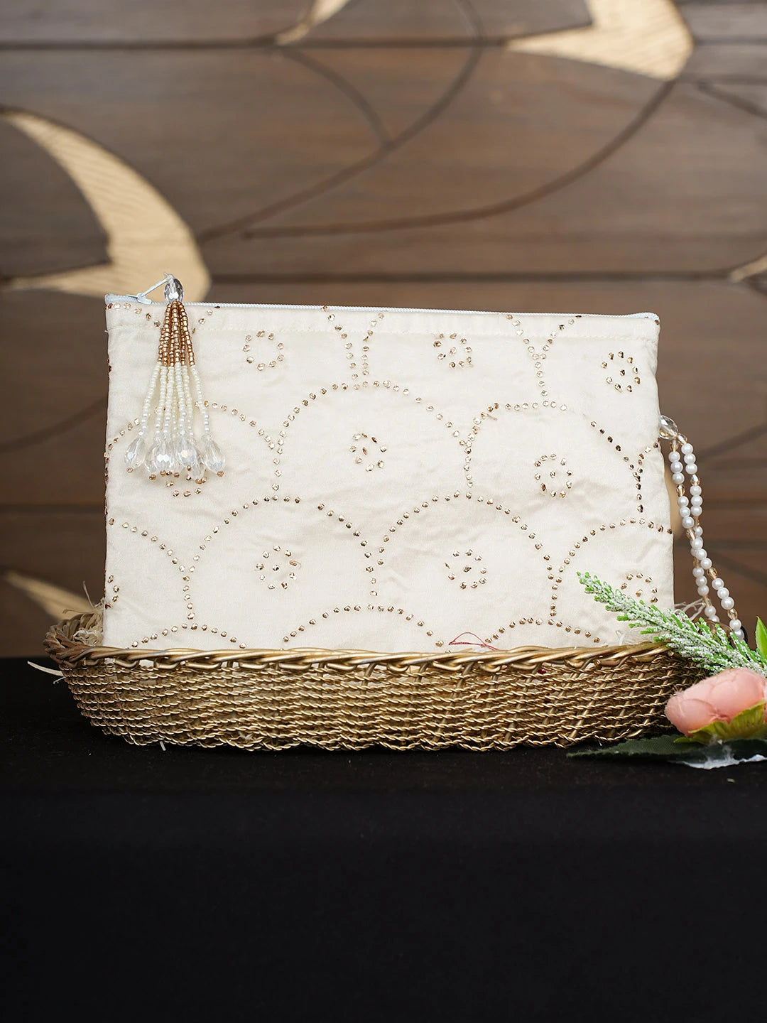 Ada Hand Embroidered White Organza Pouch with Muqaish Work 01A938440