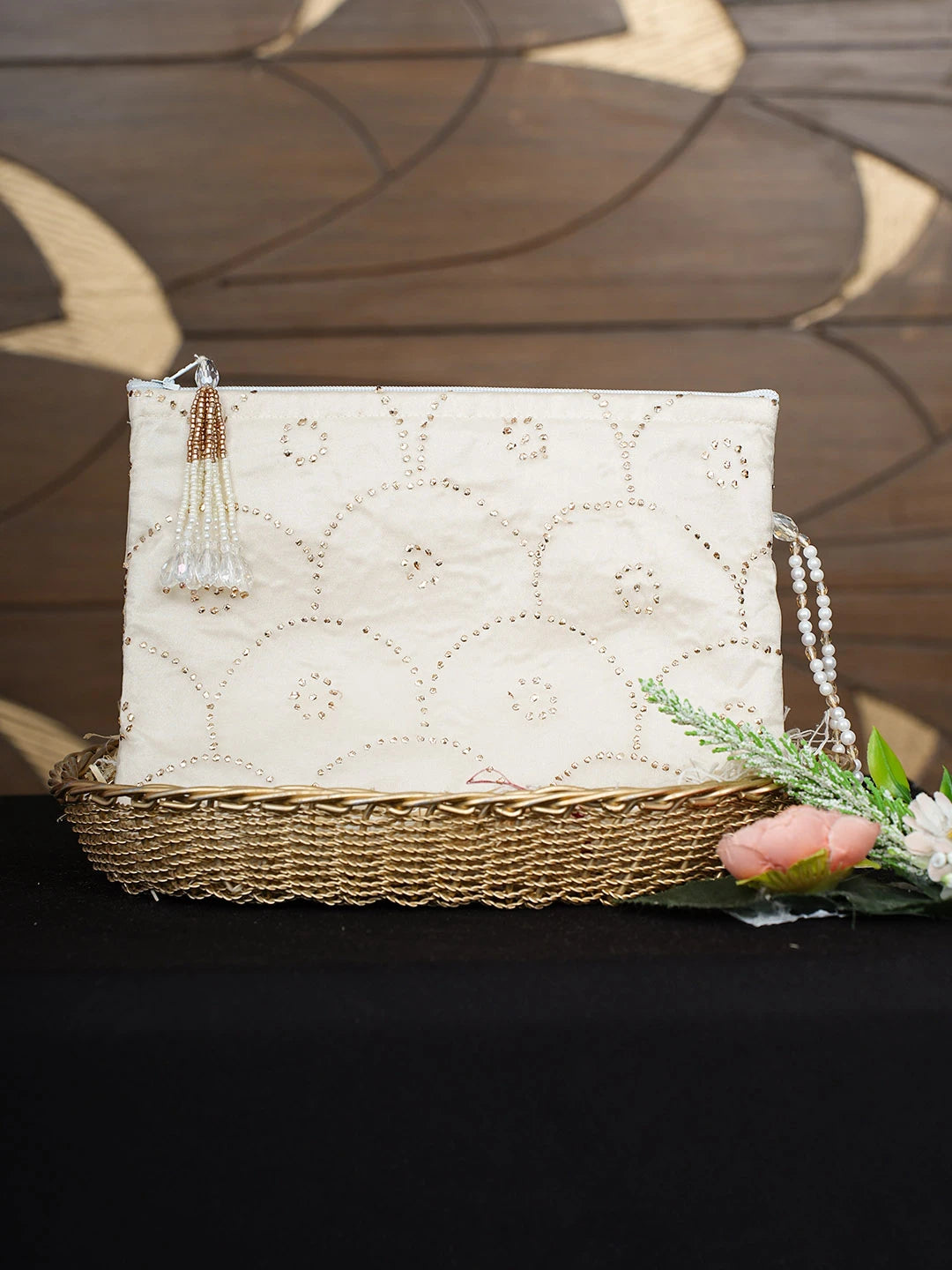 Ada Hand Embroidered White Organza Pouch with Muqaish Work 01A938440