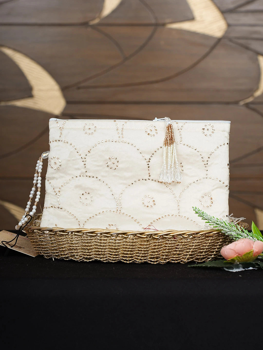 Ada Hand Embroidered White Organza Pouch with Muqaish Work 01A938440
