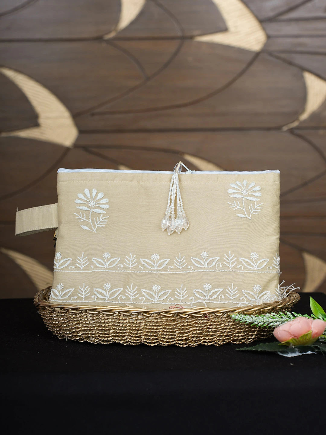 Ada Hand Embroidered Fawn Cotton Lucknowi Chikankari Pouch 01A938538