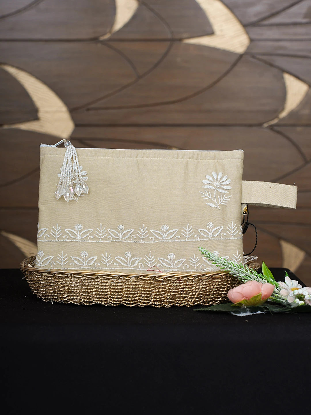Ada Hand Embroidered Fawn Cotton Lucknowi Chikankari Pouch 01A938538