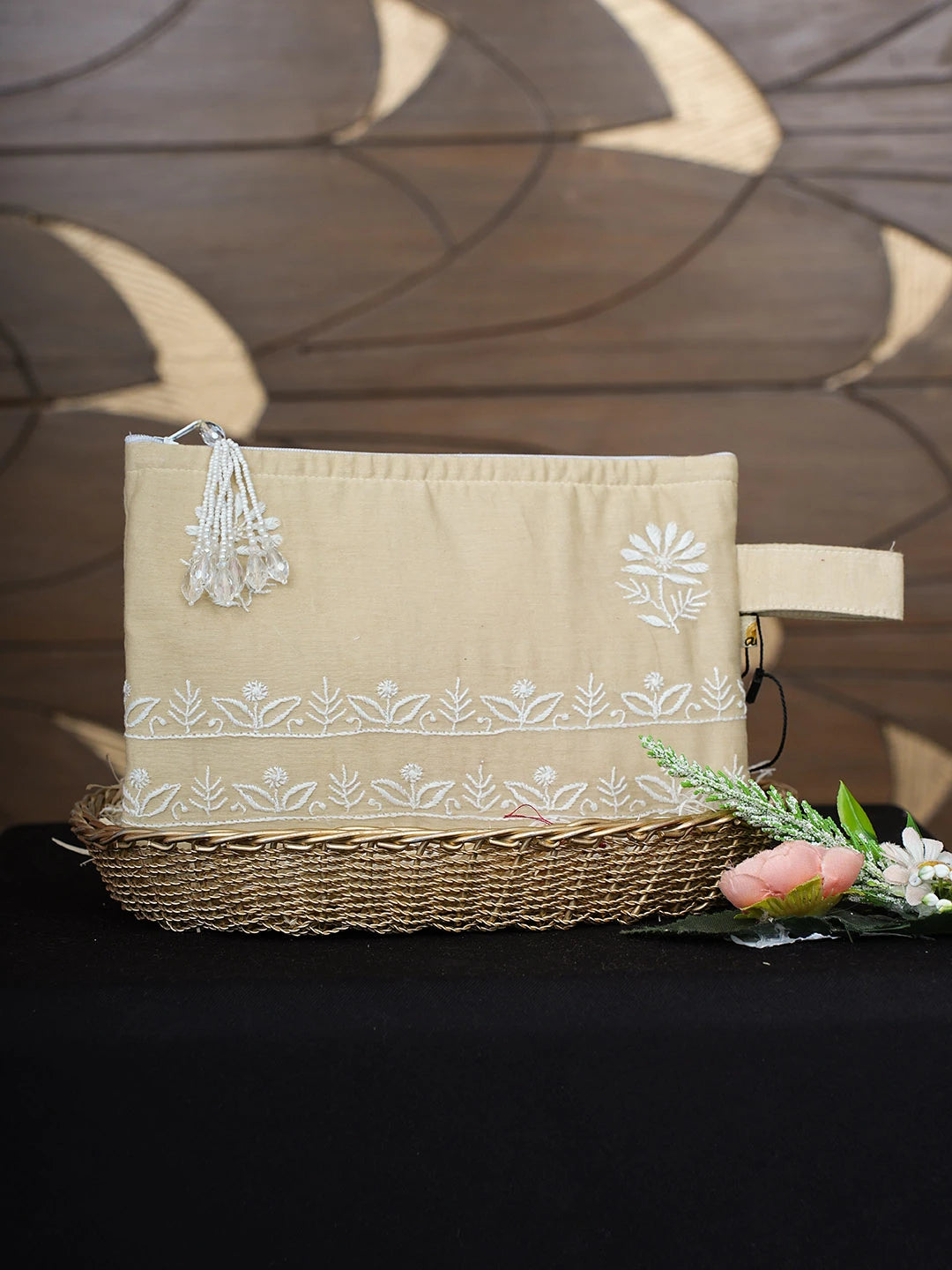 Ada Hand Embroidered Fawn Cotton Lucknowi Chikankari Pouch 01A938538