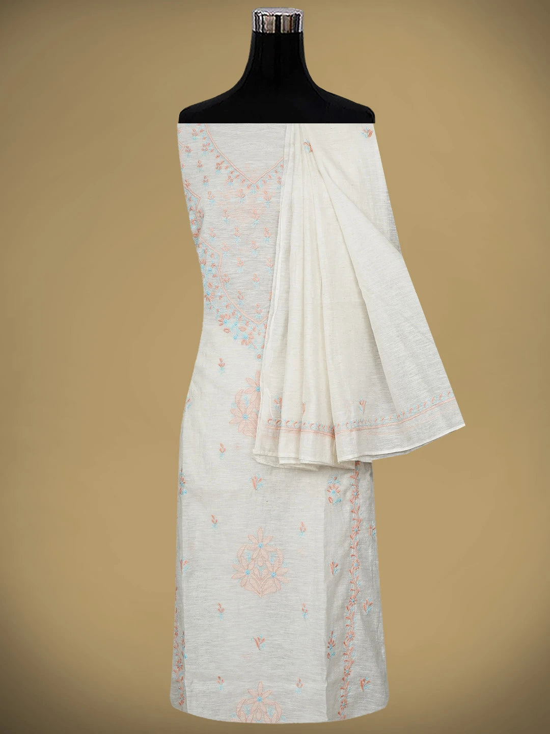 Ada Hand Embroidered Ivory White Khadi Chanderi Lucknowi Chikankari Semi-Stitched Kurta Dupatta Set 01A896607
