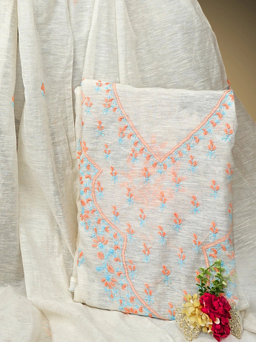 Ada Hand Embroidered Ivory White Khadi Chanderi Lucknowi Chikankari Semi-Stitched Kurta Dupatta Set 01A896607