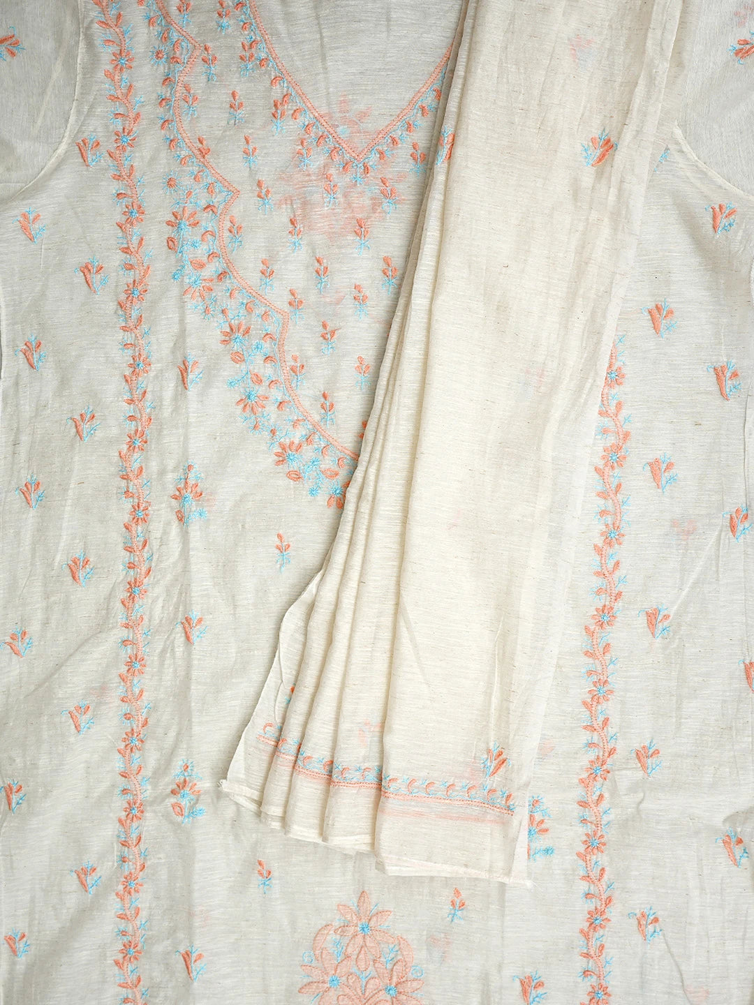 Ada Hand Embroidered Ivory White Khadi Chanderi Lucknowi Chikankari Semi-Stitched Kurta Dupatta Set 01A896607