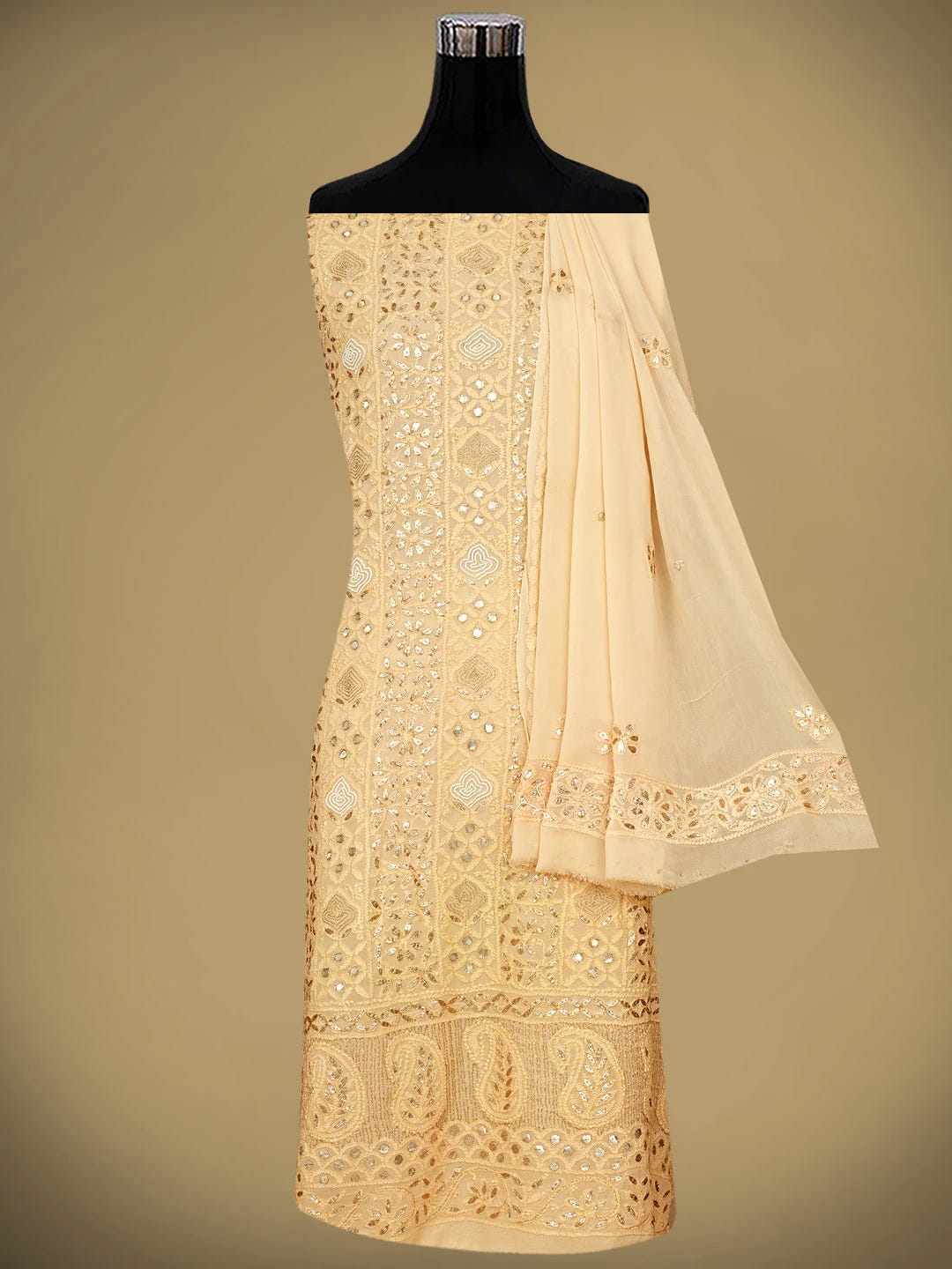 Ada Hand Embroidered Light Peach Viscose Groegette lucknowi Chikankari Unstitched Kurta Dupatta Set With Gota Patti Work 01A778501