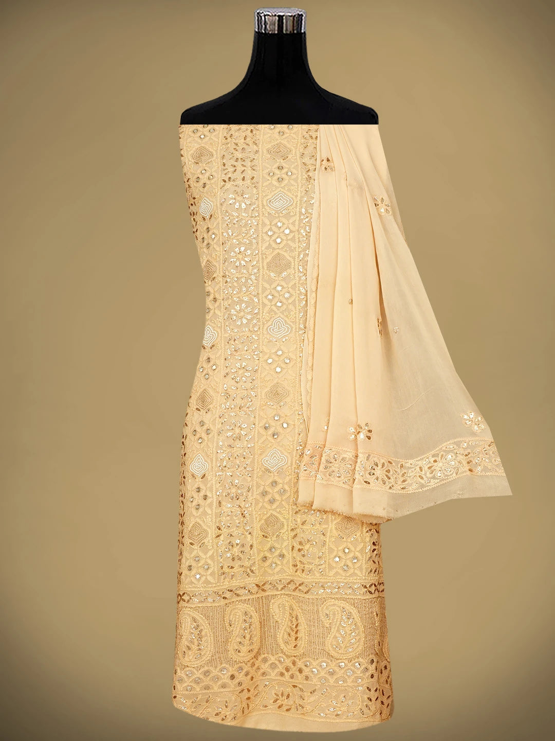 Ada Hand Embroidered Light Peach Viscose Groegette lucknowi Chikankari Unstitched Kurta Dupatta Set With Gota Patti Work 01A778501