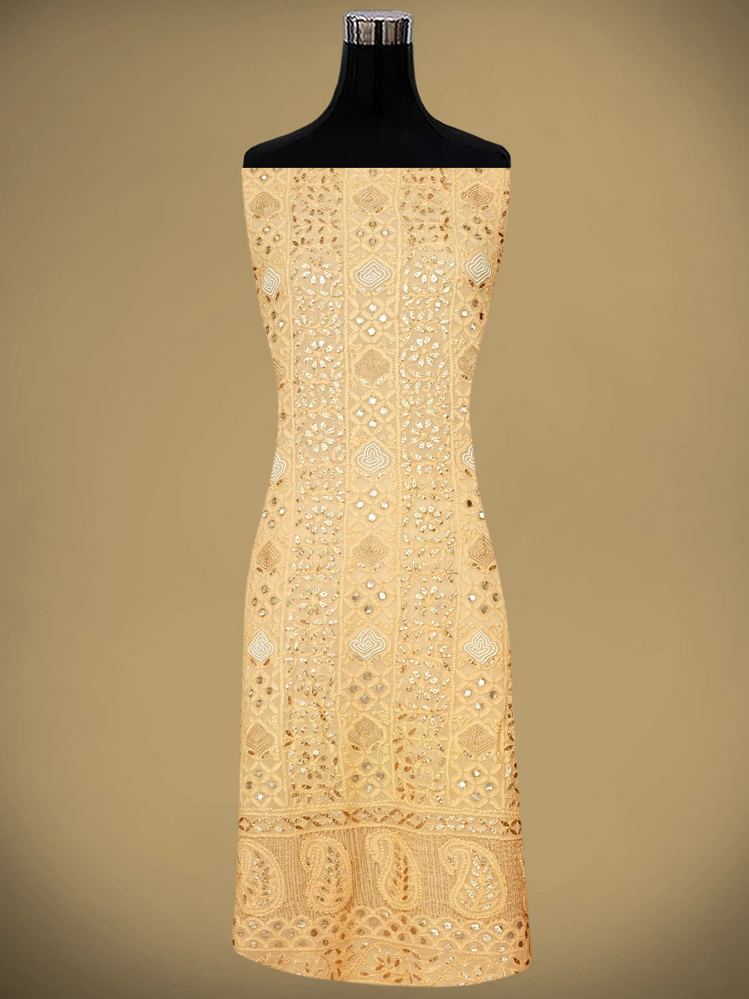Ada Hand Embroidered Light Peach Viscose Groegette lucknowi Chikankari Unstitched Kurta Dupatta Set With Gota Patti Work 01A778501