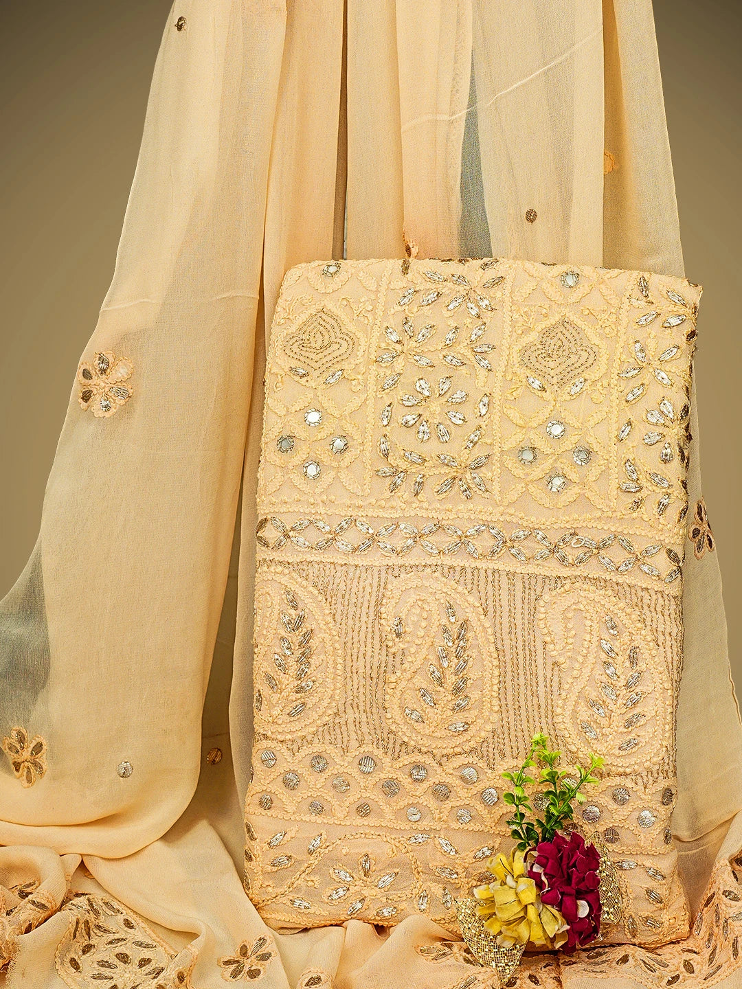 Ada Hand Embroidered Light Peach Viscose Groegette lucknowi Chikankari Unstitched Kurta Dupatta Set With Gota Patti Work 01A778501