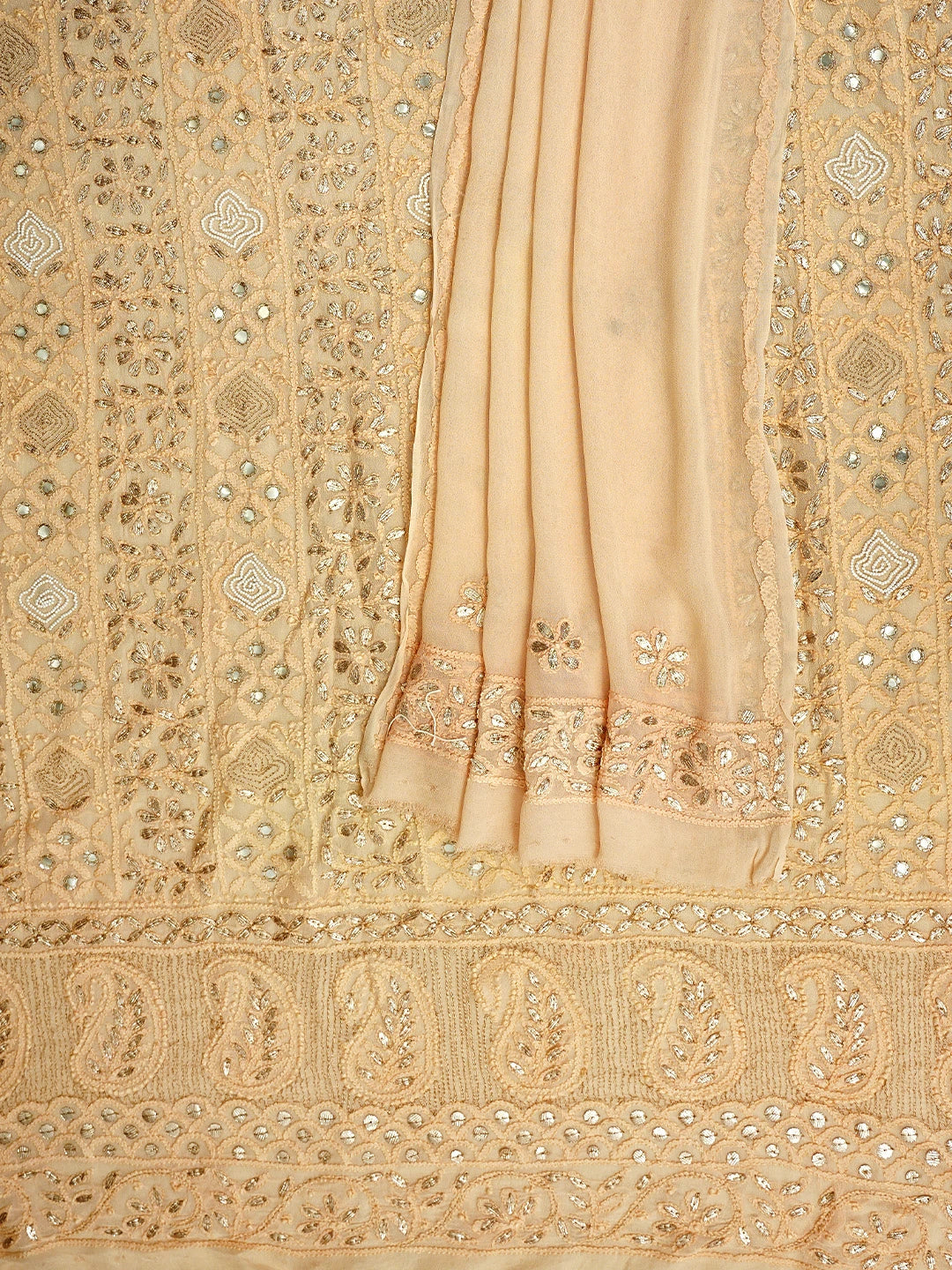 Ada Hand Embroidered Light Peach Viscose Groegette lucknowi Chikankari Unstitched Kurta Dupatta Set With Gota Patti Work 01A778501