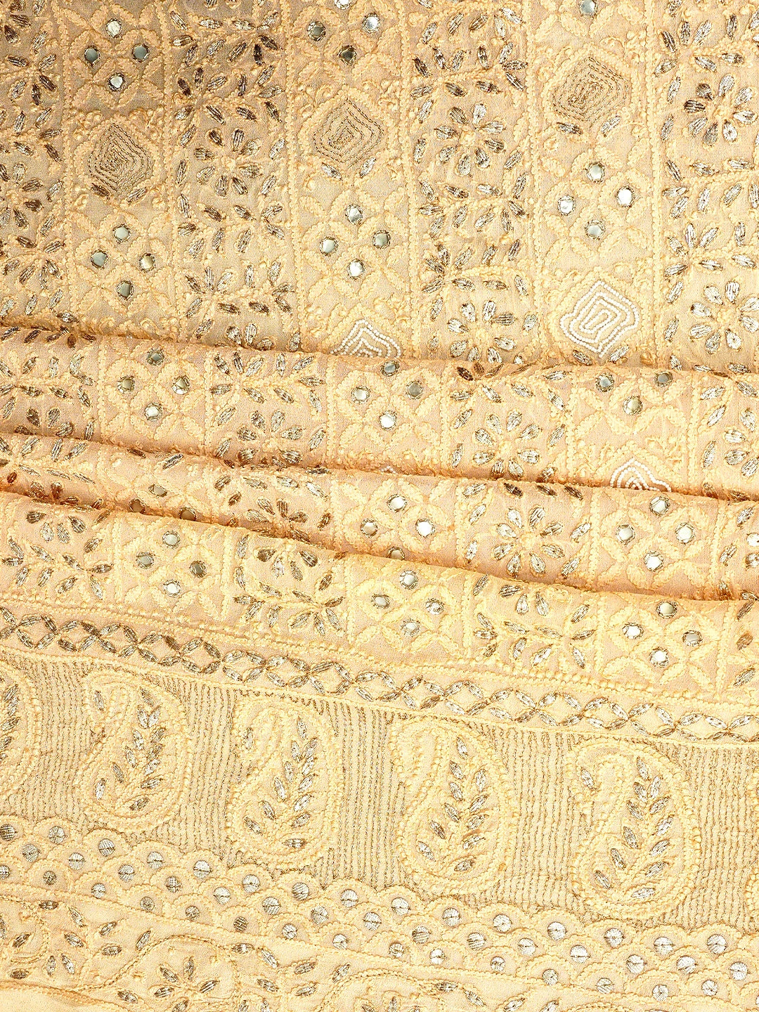 Ada Hand Embroidered Light Peach Viscose Groegette lucknowi Chikankari Unstitched Kurta Dupatta Set With Gota Patti Work 01A778501