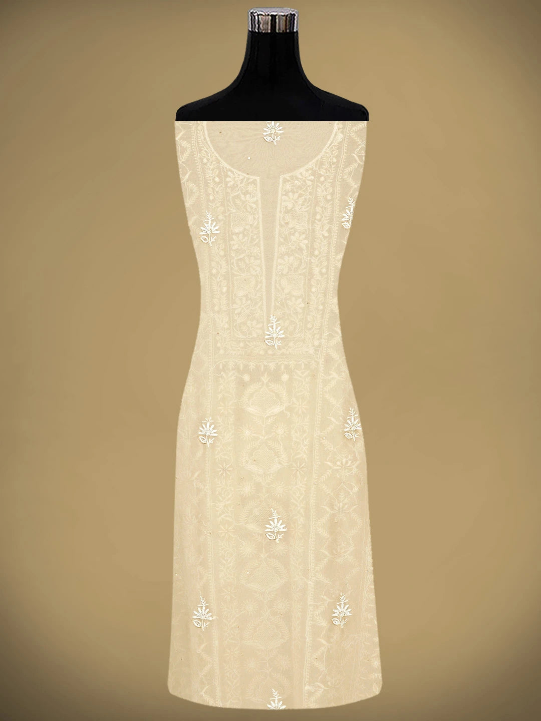 Ada Hand Embroidered Light Fawn Pure Georgette Lucknowi Chikankari Unstitched Kurta Dupatta Set With Cutdana Work 01A805682