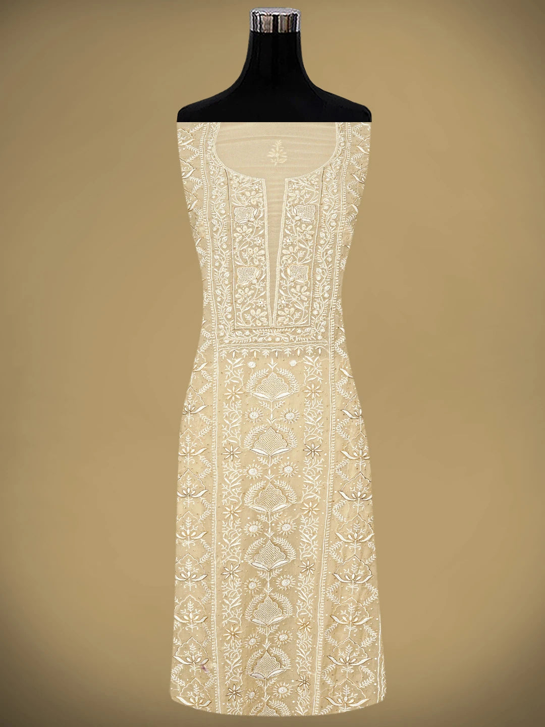 Ada Hand Embroidered Light Fawn Pure Georgette Lucknowi Chikankari Unstitched Kurta Dupatta Set With Cutdana Work 01A805682