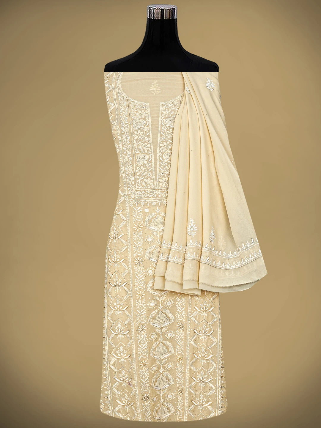 Ada Hand Embroidered Light Fawn Pure Georgette Lucknowi Chikankari Unstitched Kurta Dupatta Set With Cutdana Work 01A805682