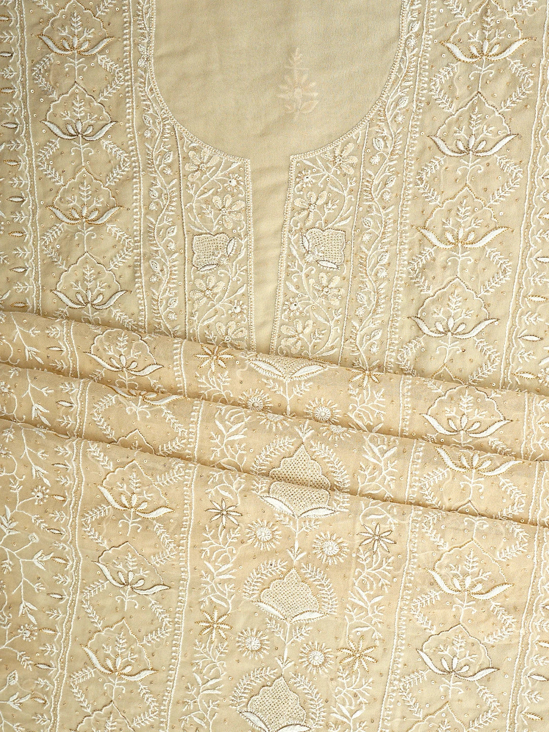 Ada Hand Embroidered Light Fawn Pure Georgette Lucknowi Chikankari Unstitched Kurta Dupatta Set With Cutdana Work 01A805682