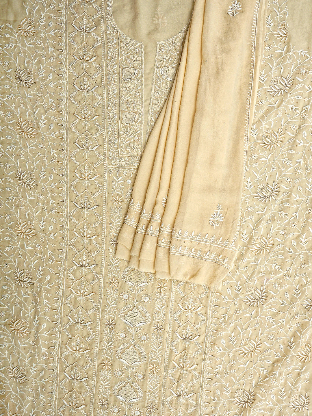 Ada Hand Embroidered Light Fawn Pure Georgette Lucknowi Chikankari Unstitched Kurta Dupatta Set With Cutdana Work 01A805682