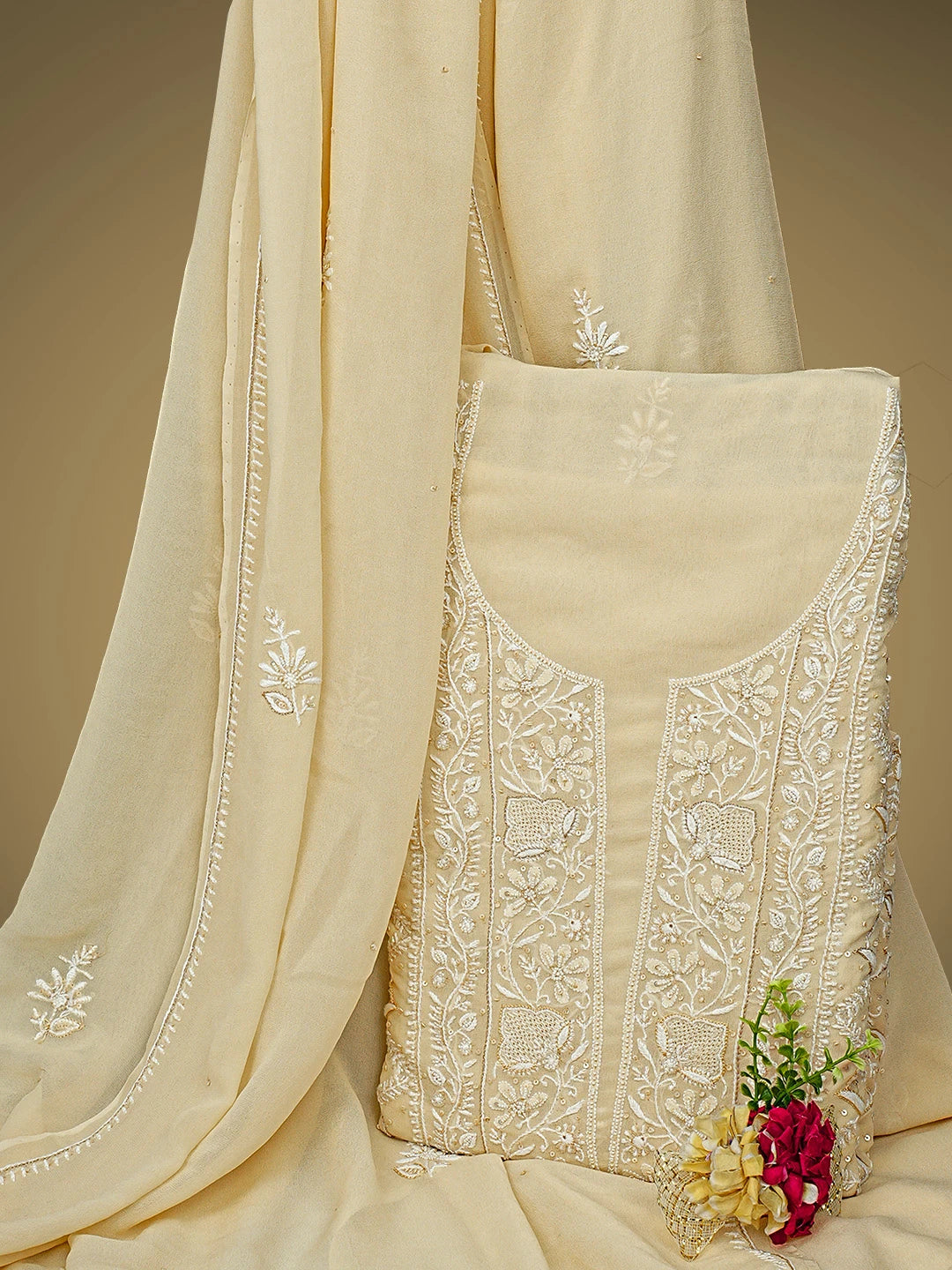 Ada Hand Embroidered Light Fawn Pure Georgette Lucknowi Chikankari Unstitched Kurta Dupatta Set With Cutdana Work 01A805682