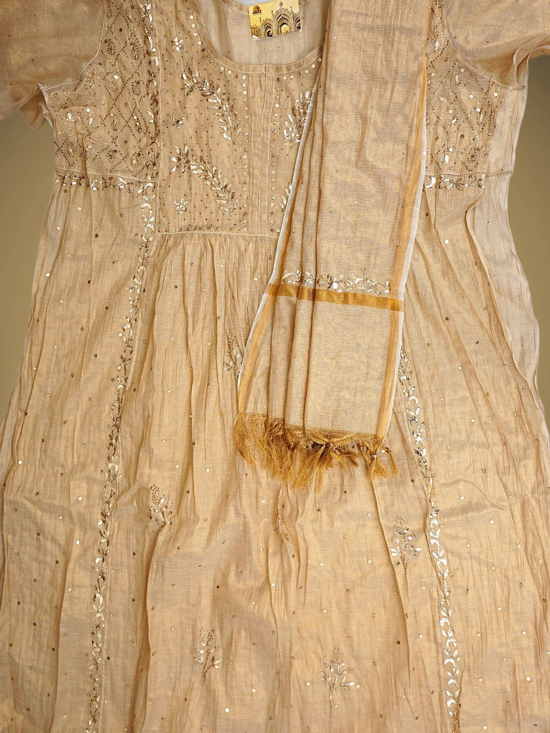 Ada Hand Embroidered Fawn Tissue Semi-Stitched A-Line Kurta Dupatta Set With Muqaish/Mukaish Work 01A961993