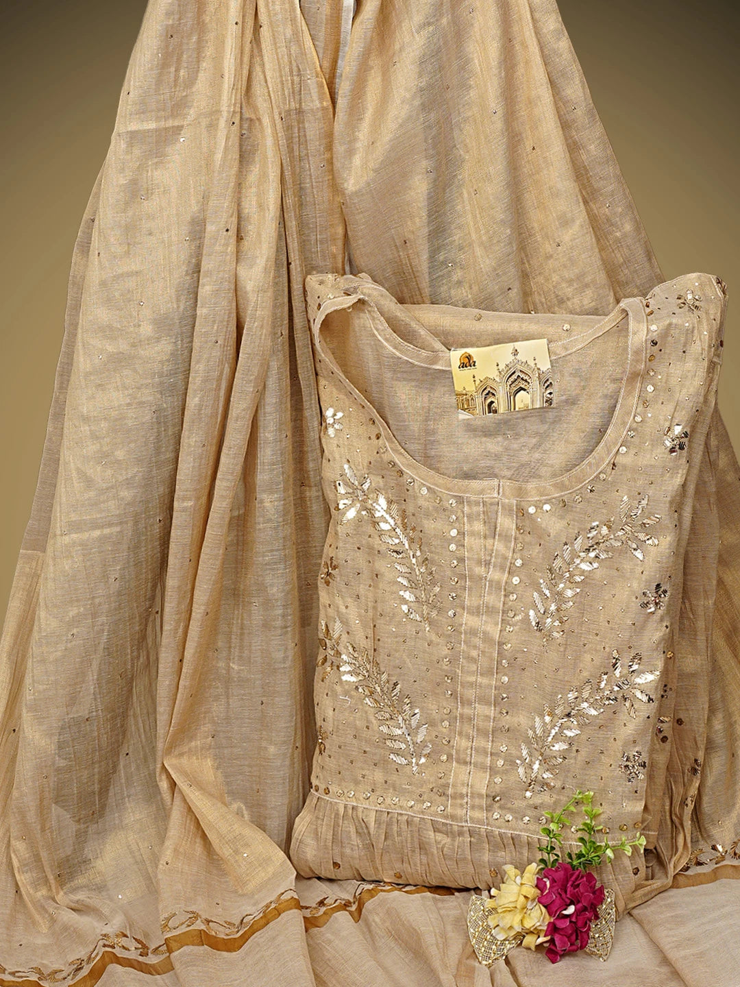 Ada Hand Embroidered Fawn Tissue Semi-Stitched A-Line Kurta Dupatta Set With Muqaish/Mukaish Work 01A961993