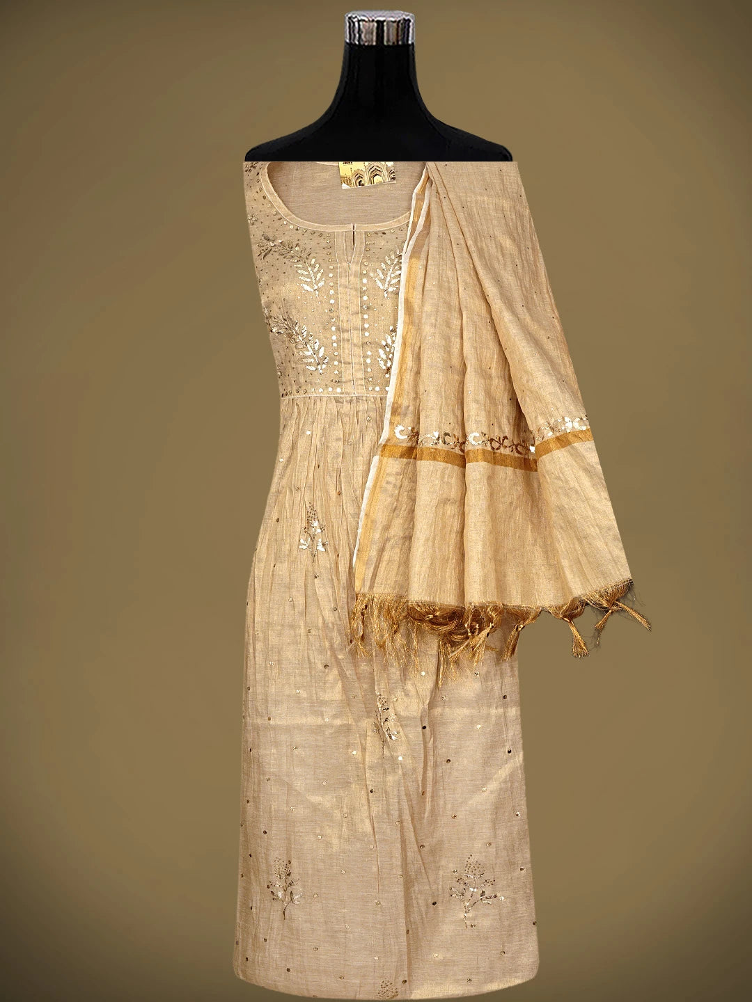 Ada Hand Embroidered Fawn Tissue Semi-Stitched A-Line Kurta Dupatta Set With Muqaish/Mukaish Work 01A961993