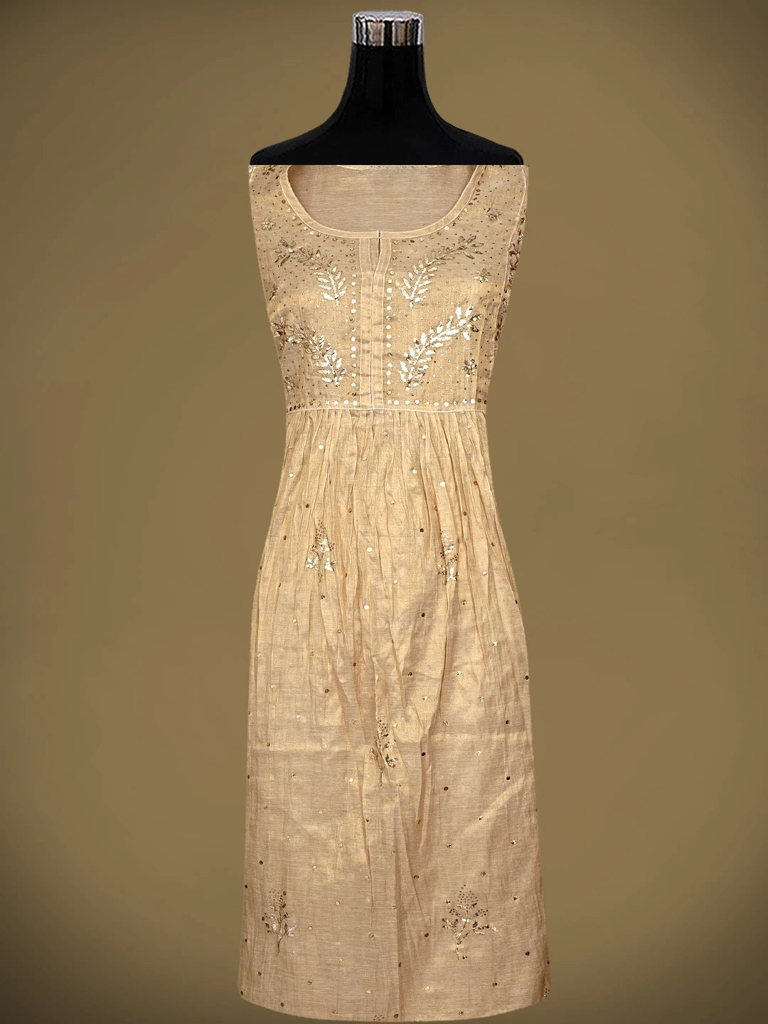 Ada Hand Embroidered Fawn Tissue Semi-Stitched A-Line Kurta Dupatta Set With Muqaish/Mukaish Work 01A961993