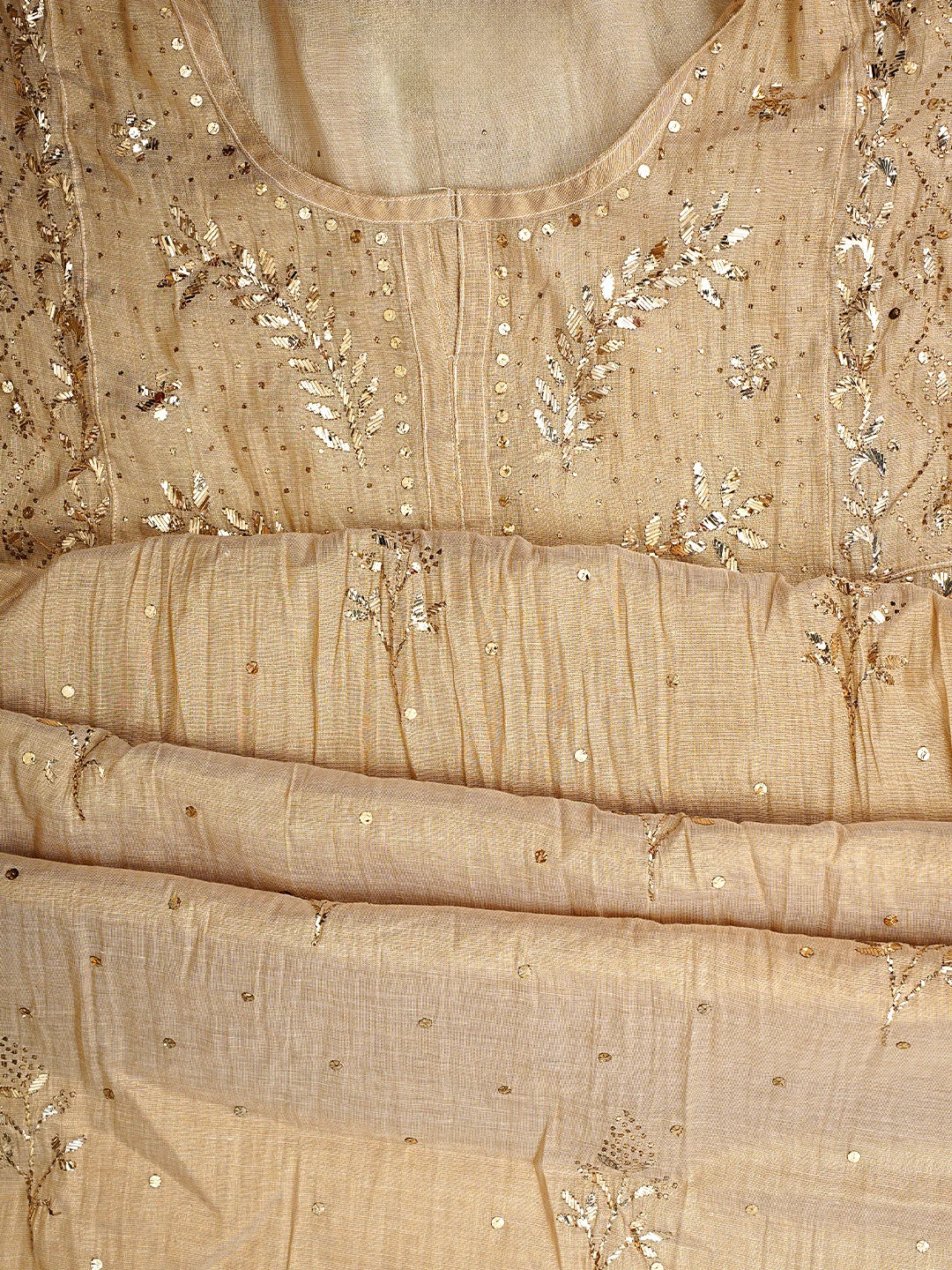 Ada Hand Embroidered Fawn Tissue Semi-Stitched A-Line Kurta Dupatta Set With Muqaish/Mukaish Work 01A961993