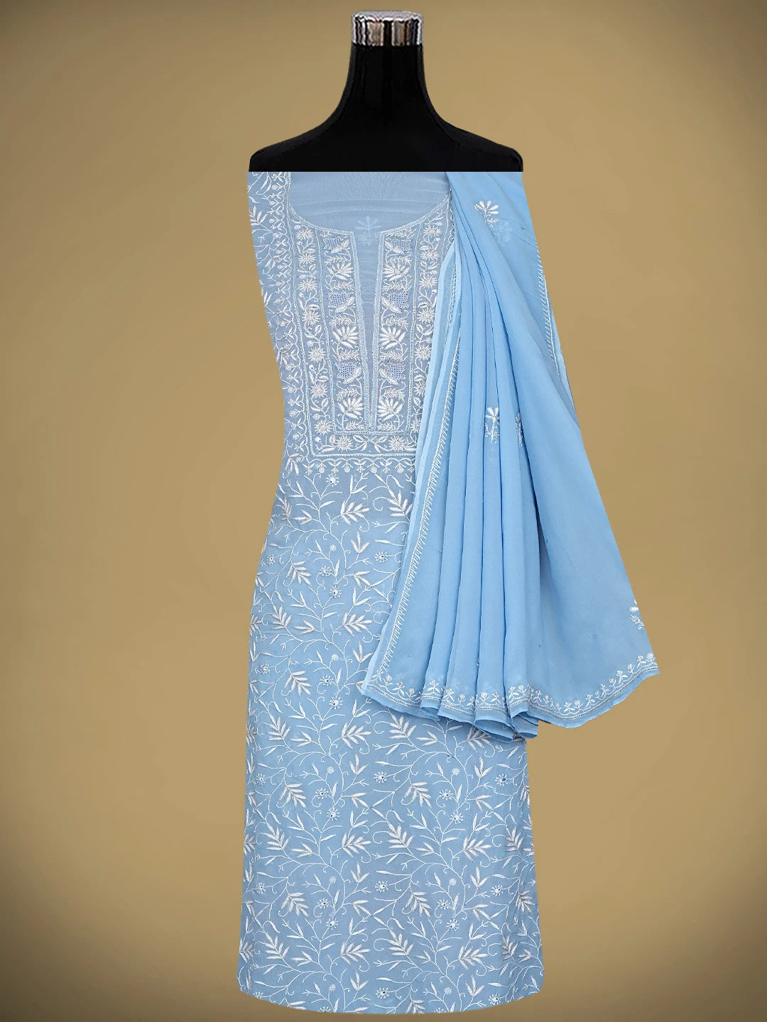 Ada Hand Embroidered Baby Blue Viscose Georgette Lucknowi Chikankari Unstitched Kurta Dupatta Set With Cutdana Work 01A865535