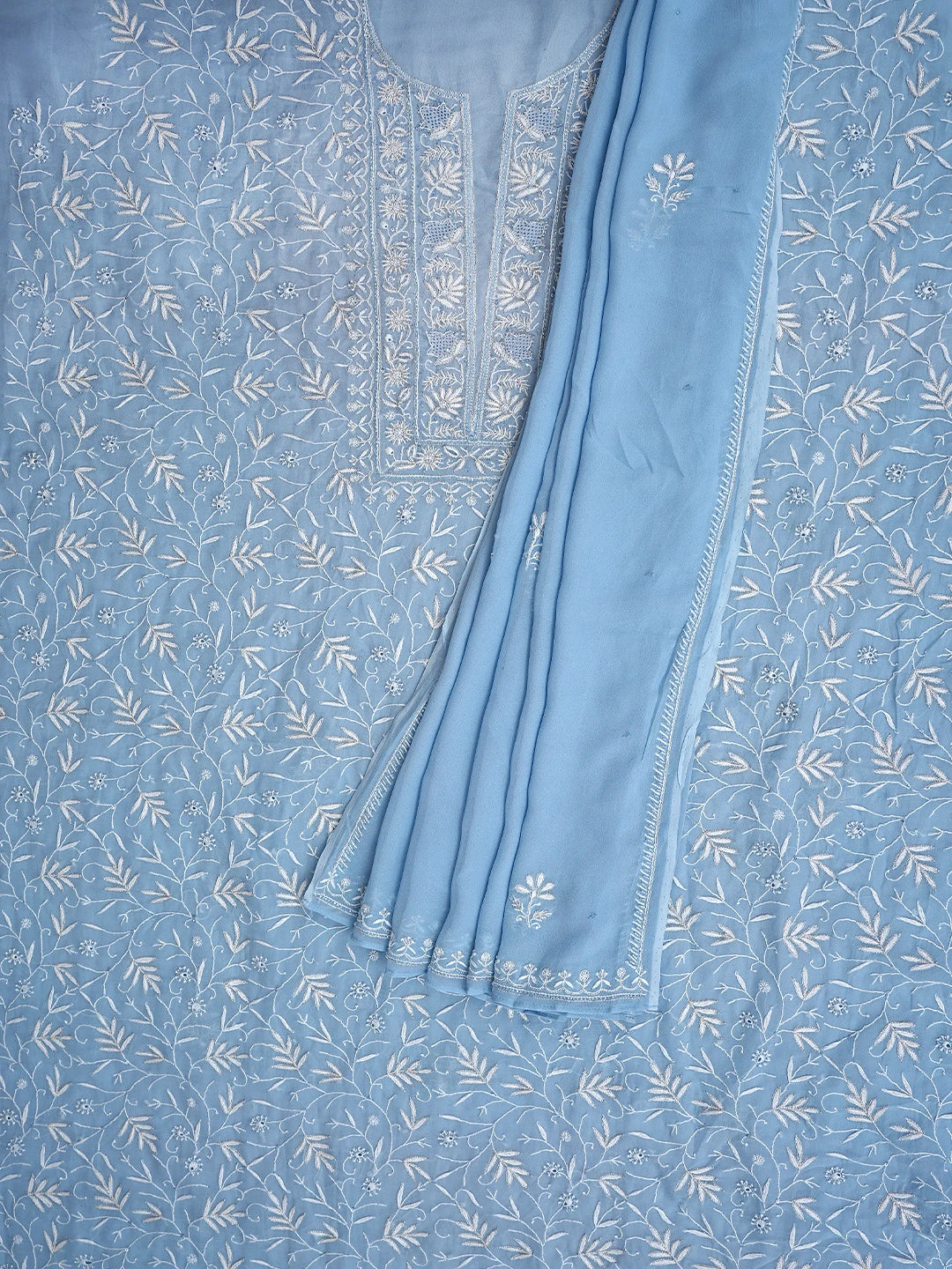 Ada Hand Embroidered Baby Blue Viscose Georgette Lucknowi Chikankari Unstitched Kurta Dupatta Set With Cutdana Work 01A865535