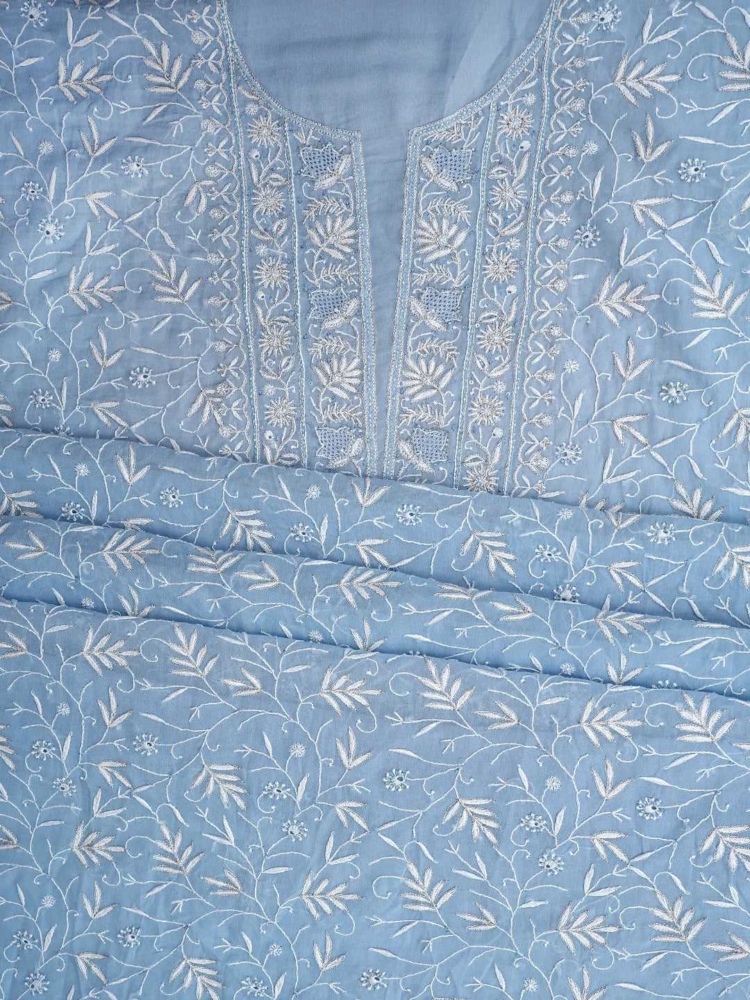 Ada Hand Embroidered Baby Blue Viscose Georgette Lucknowi Chikankari Unstitched Kurta Dupatta Set With Cutdana Work 01A865535