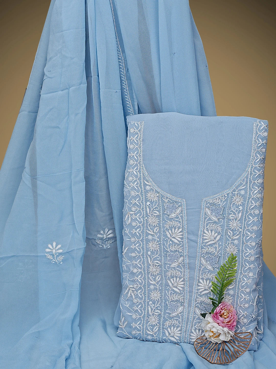 Ada Hand Embroidered Baby Blue Viscose Georgette Lucknowi Chikankari Unstitched Kurta Dupatta Set With Cutdana Work 01A865535