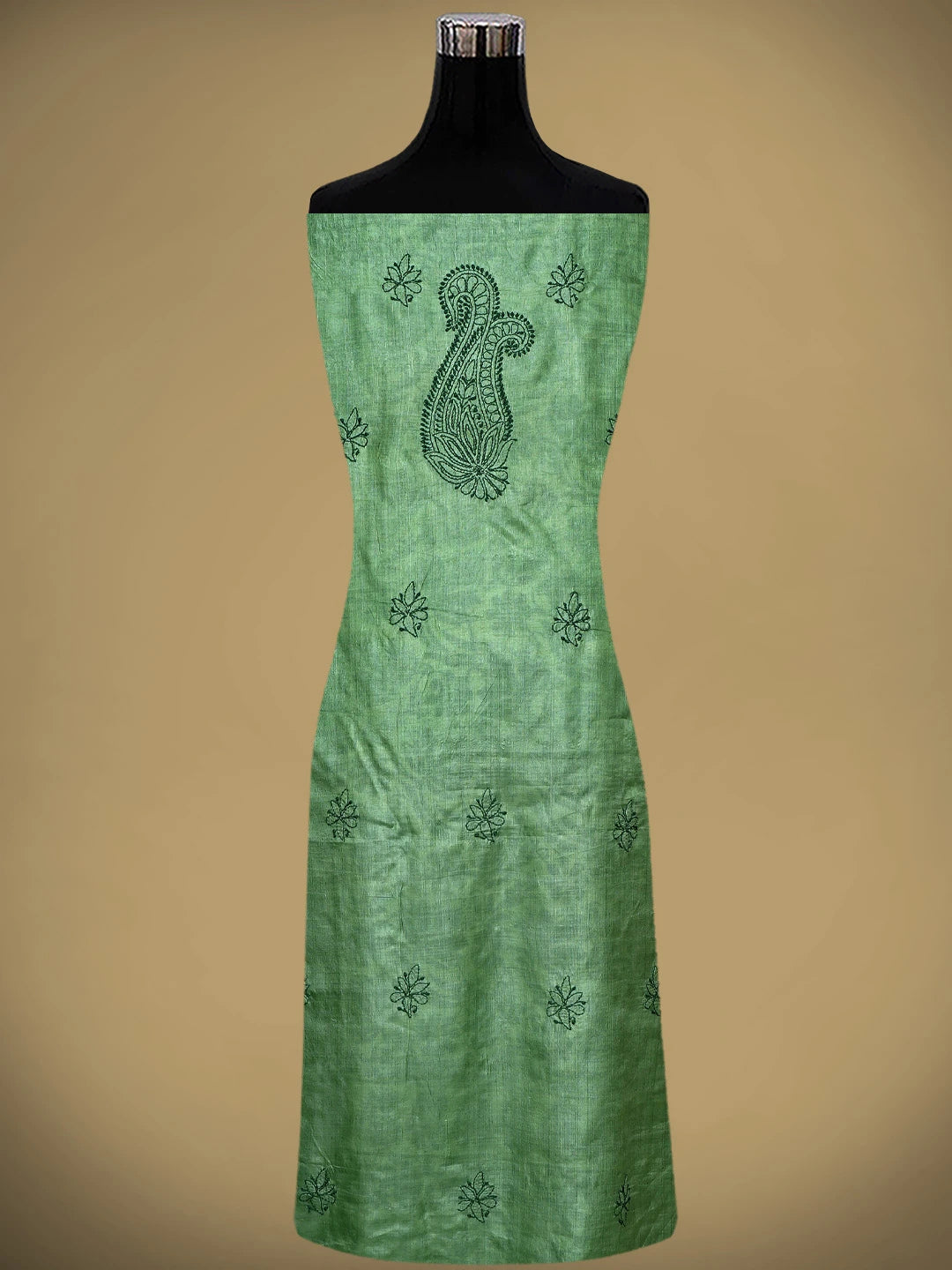 Ada Hand Embroidered Fern Green Tusser Silk Lucknowi Chikankari Unstitched Suit Piece 01A663098