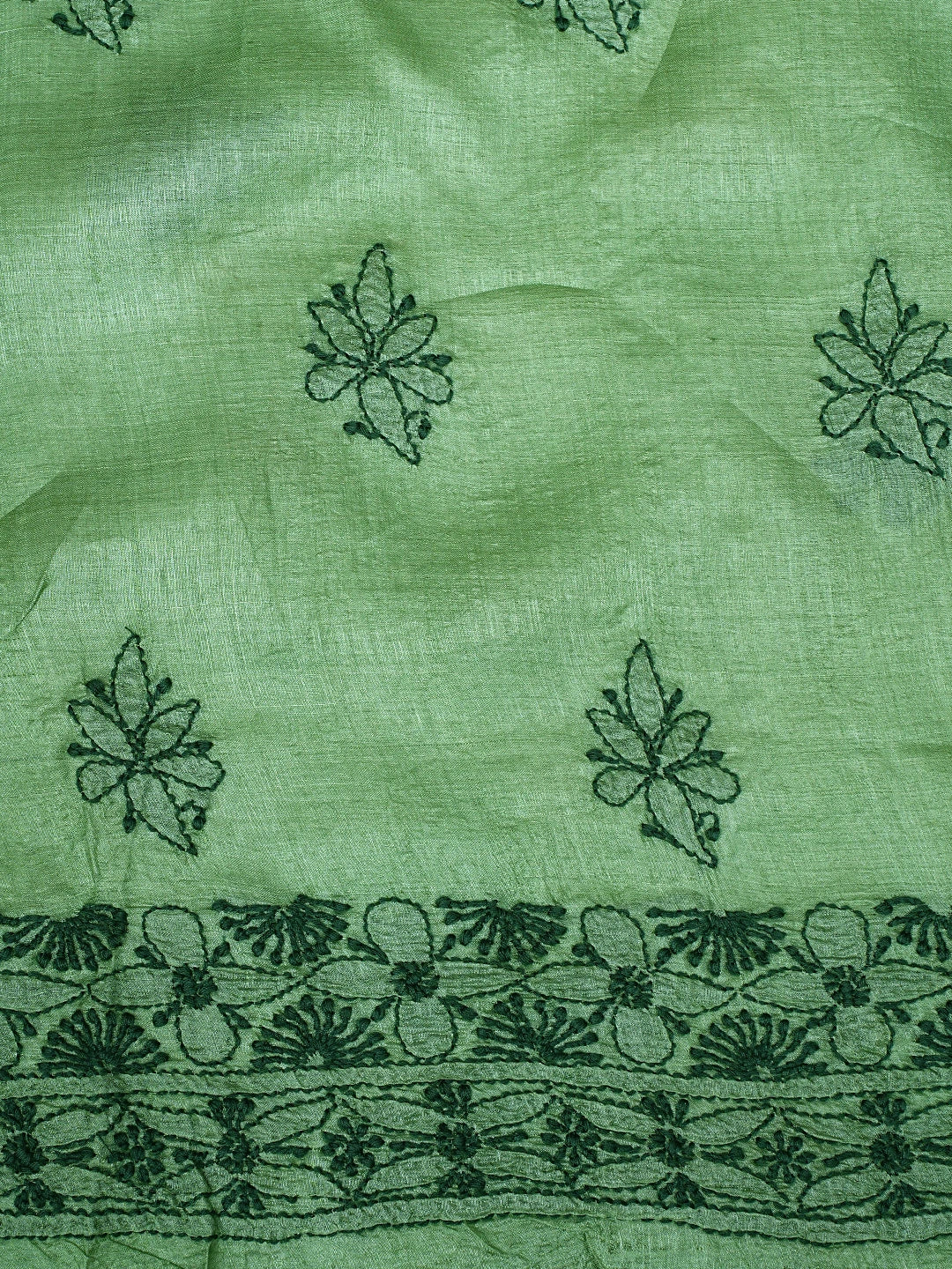 Ada Hand Embroidered Fern Green Tusser Silk Lucknowi Chikankari Unstitched Suit Piece 01A663098
