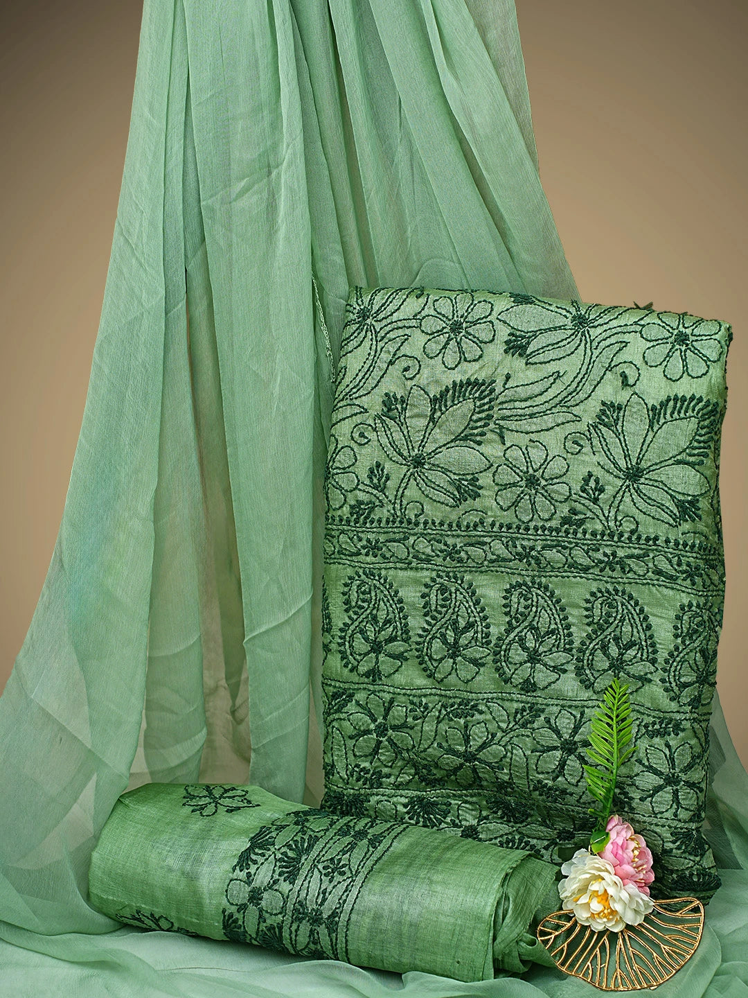 Ada Hand Embroidered Fern Green Tusser Silk Lucknowi Chikankari Unstitched Suit Piece 01A663098