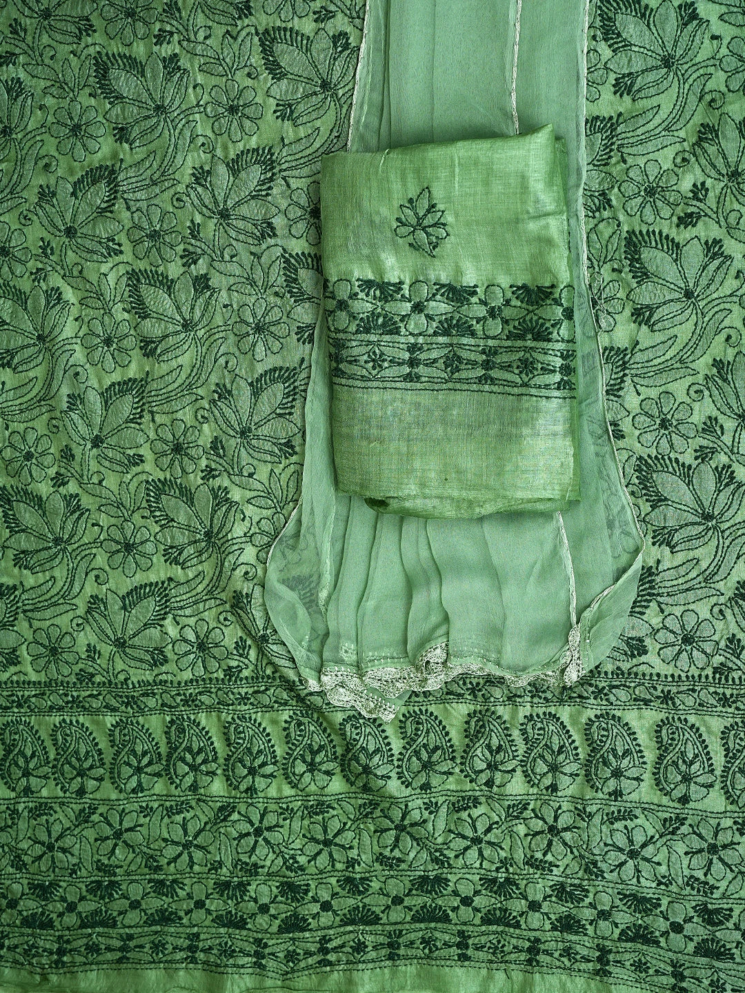 Ada Hand Embroidered Fern Green Tusser Silk Lucknowi Chikankari Unstitched Suit Piece 01A663098