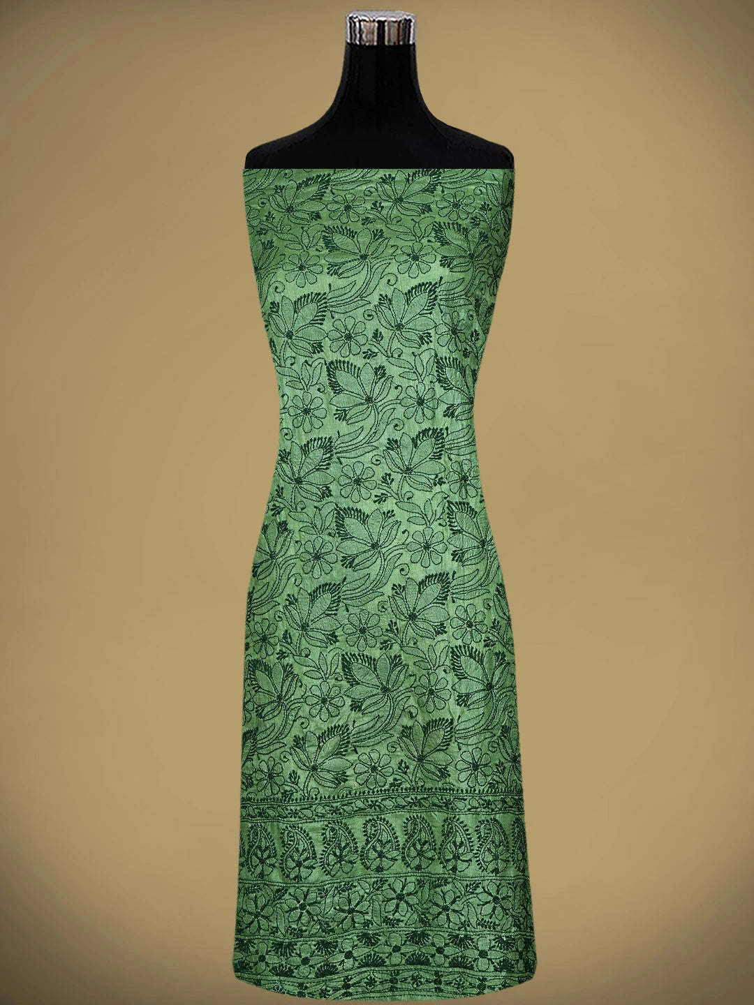 Ada Hand Embroidered Fern Green Tusser Silk Lucknowi Chikankari Unstitched Suit Piece 01A663098
