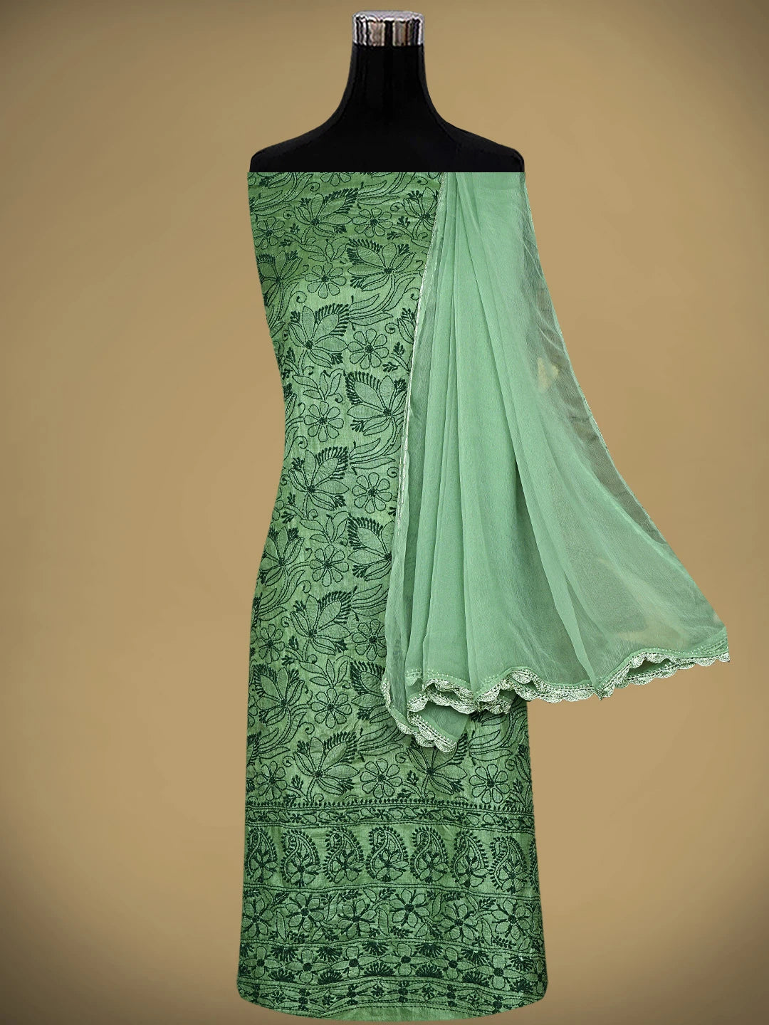 Ada Hand Embroidered Fern Green Tusser Silk Lucknowi Chikankari Unstitched Suit Piece 01A663098