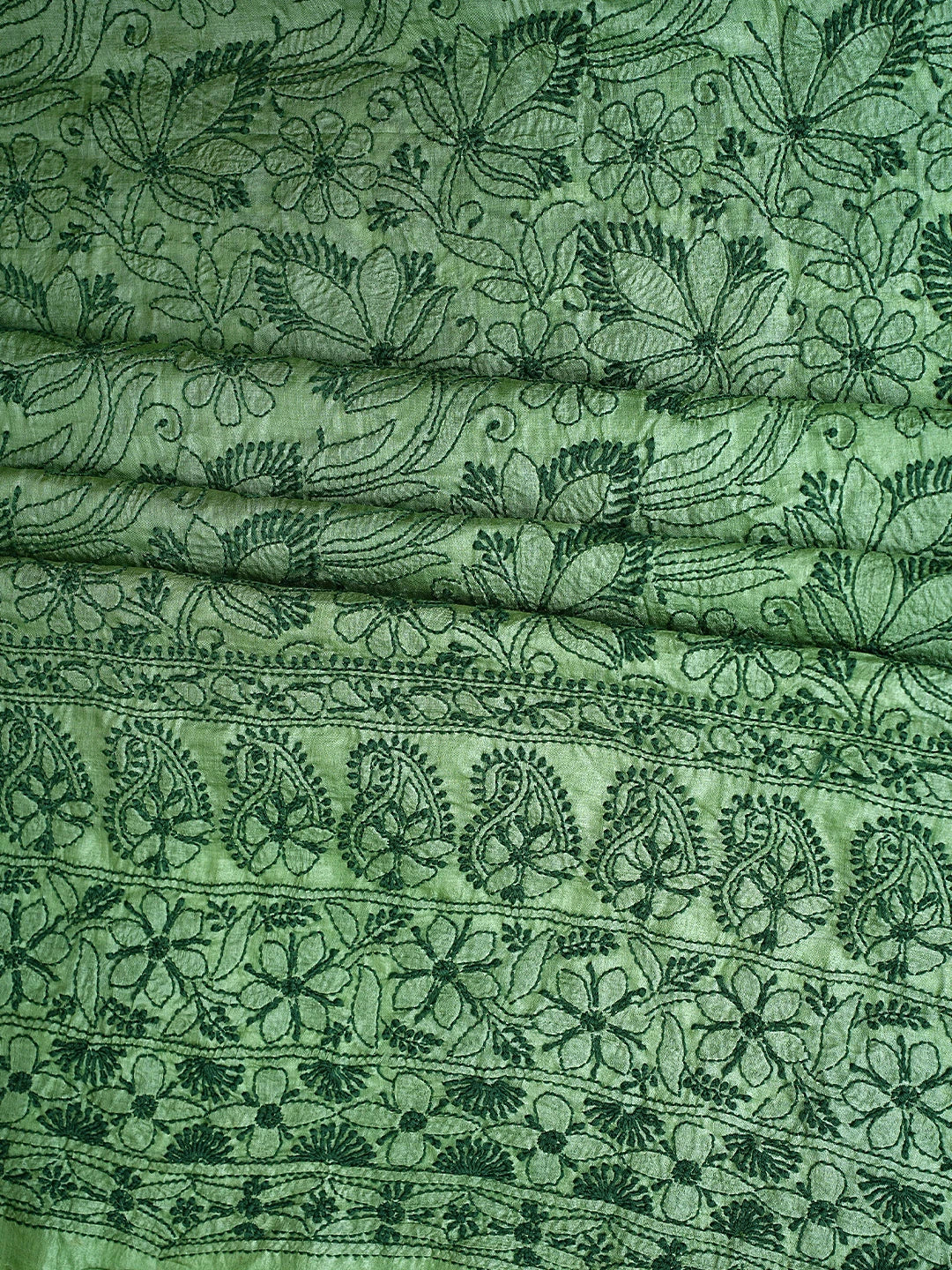 Ada Hand Embroidered Fern Green Tusser Silk Lucknowi Chikankari Unstitched Suit Piece 01A663098