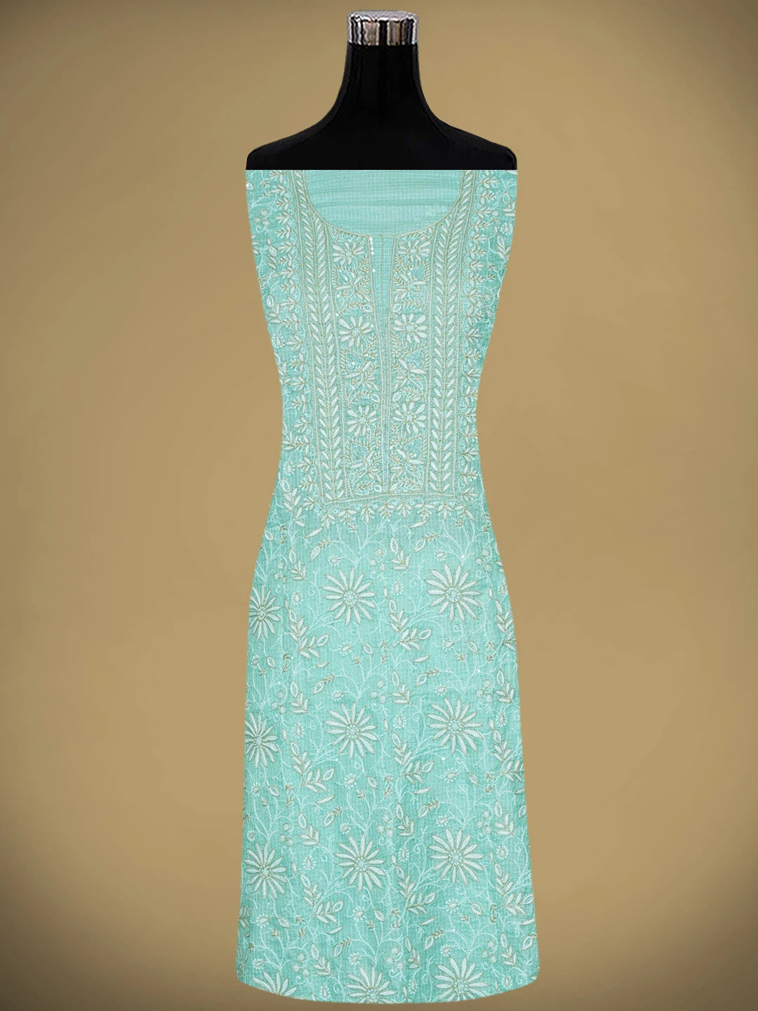 Ada Hand Embroidered Sea Green Kota Silk Lucknowi Chikankari Unstitched Kurta Dupatta Set With Zari Taar Work 01A890981