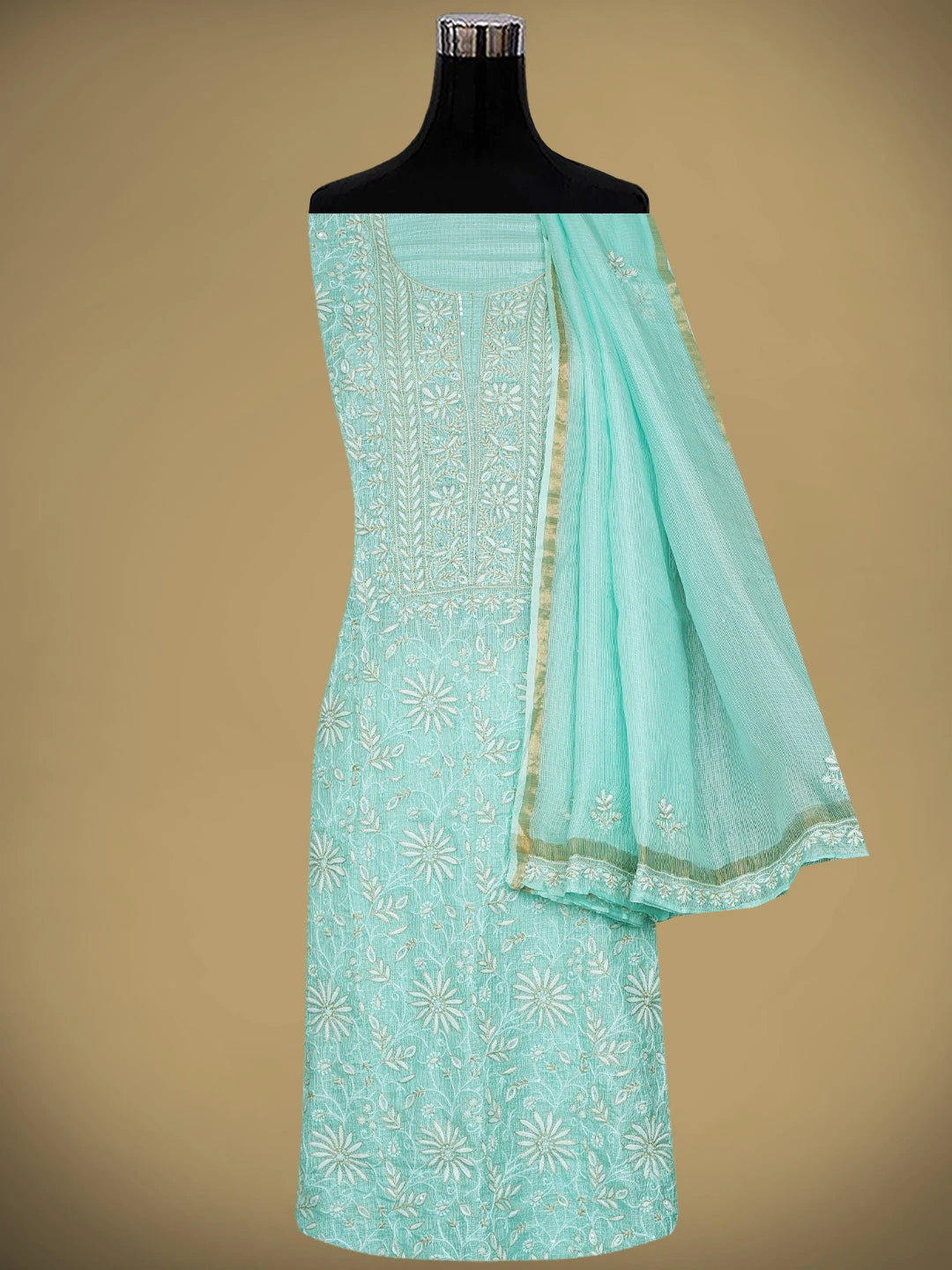 Ada Hand Embroidered Sea Green Kota Silk Lucknowi Chikankari Unstitched Kurta Dupatta Set With Zari Taar Work 01A890981