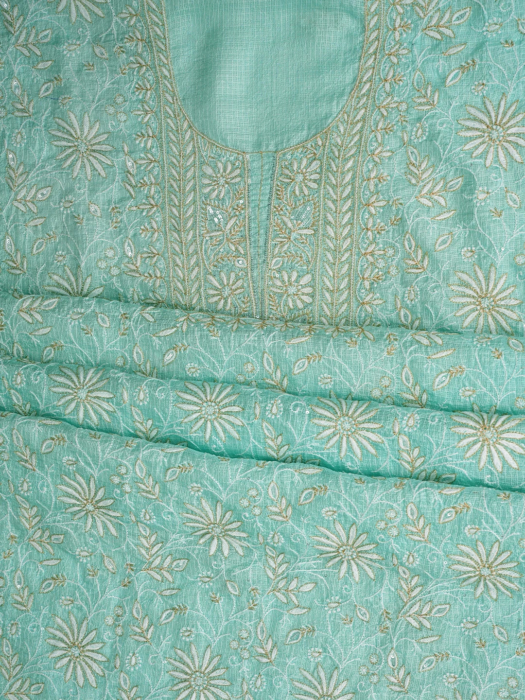 Ada Hand Embroidered Sea Green Kota Silk Lucknowi Chikankari Unstitched Kurta Dupatta Set With Zari Taar Work 01A890981