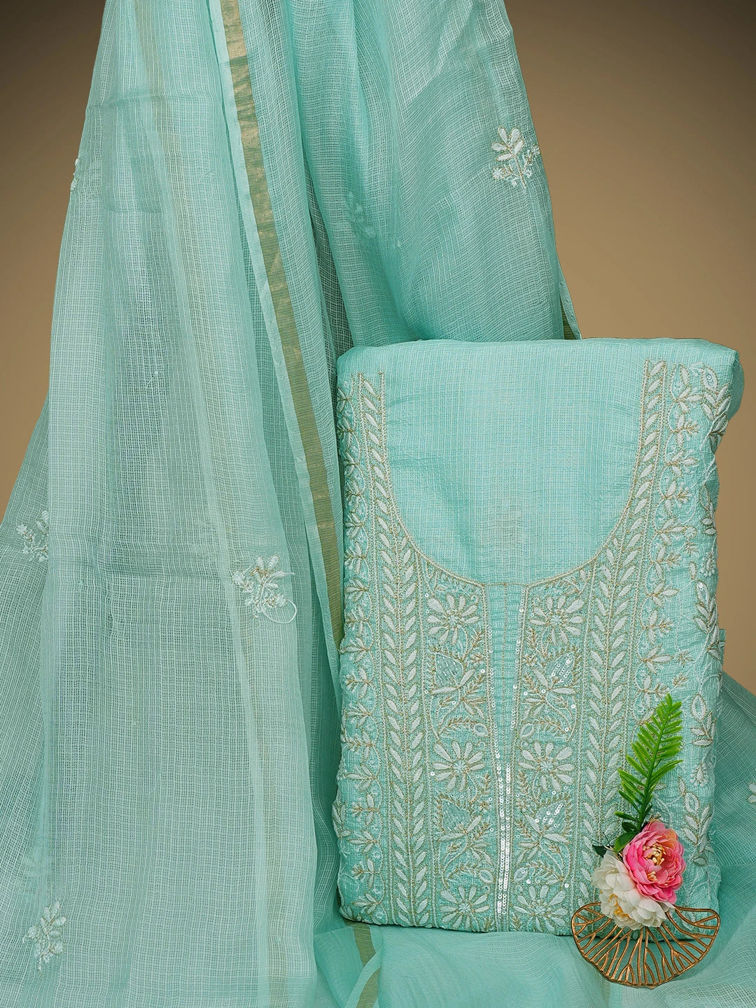 Ada Hand Embroidered Sea Green Kota Silk Lucknowi Chikankari Unstitched Kurta Dupatta Set With Zari Taar Work 01A890981