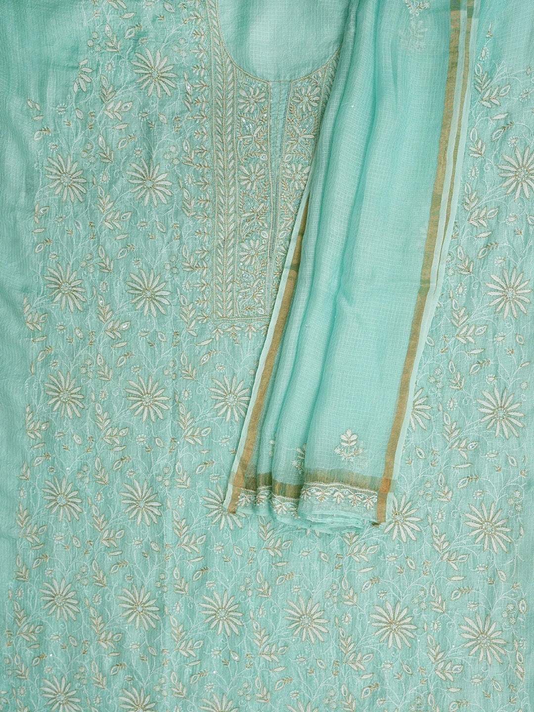 Ada Hand Embroidered Sea Green Kota Silk Lucknowi Chikankari Unstitched Kurta Dupatta Set With Zari Taar Work 01A890981