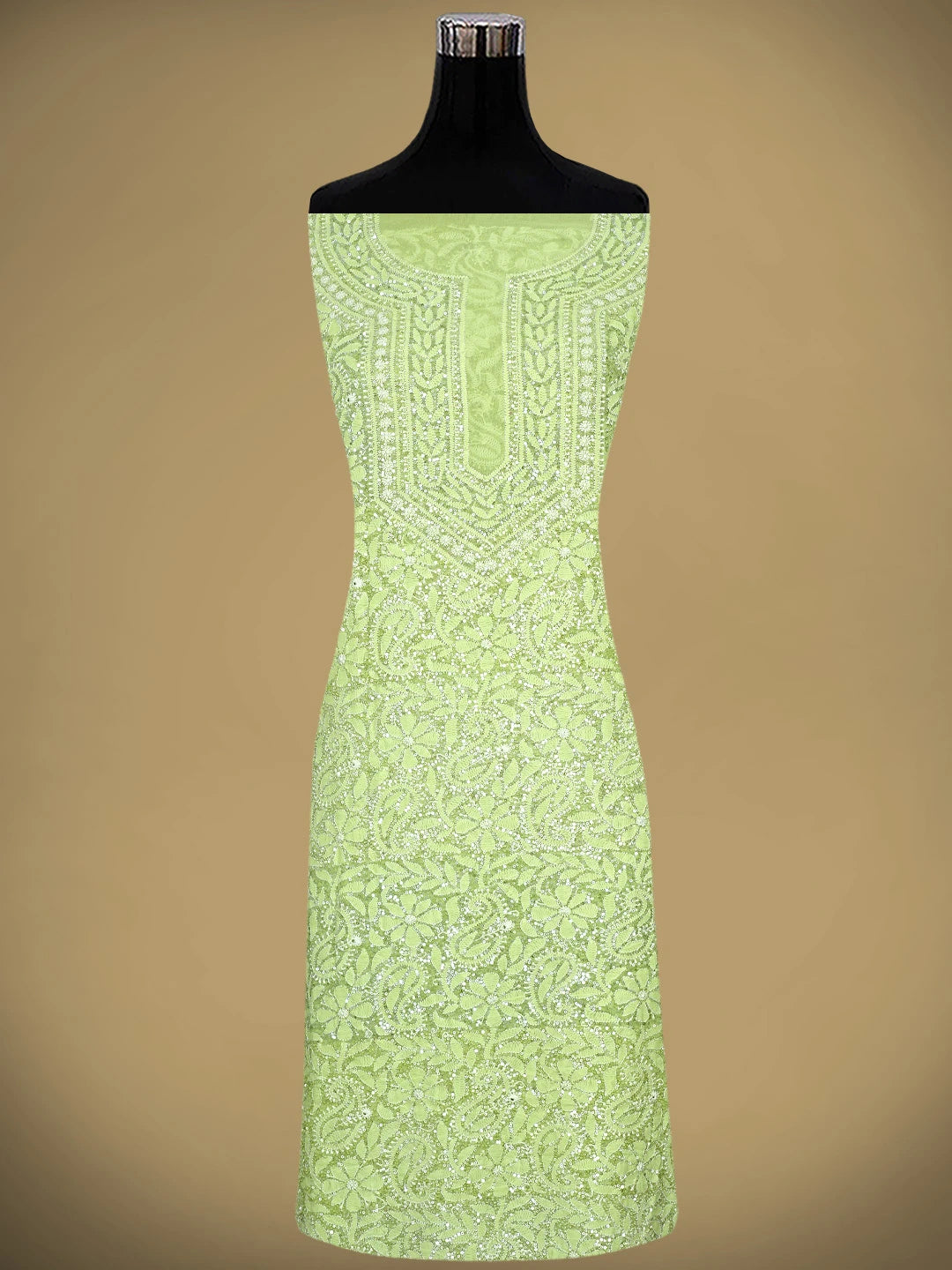 Ada Hand Embroidered Green Pure Georgette Lucknowi Chikankari Unstitched Kurta Dupatta Set With Sequinned Work 01A654937