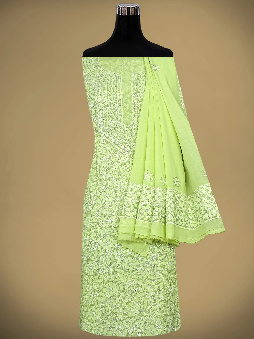 Ada Hand Embroidered Green Pure Georgette Lucknowi Chikankari Unstitched Kurta Dupatta Set With Sequinned Work 01A654937