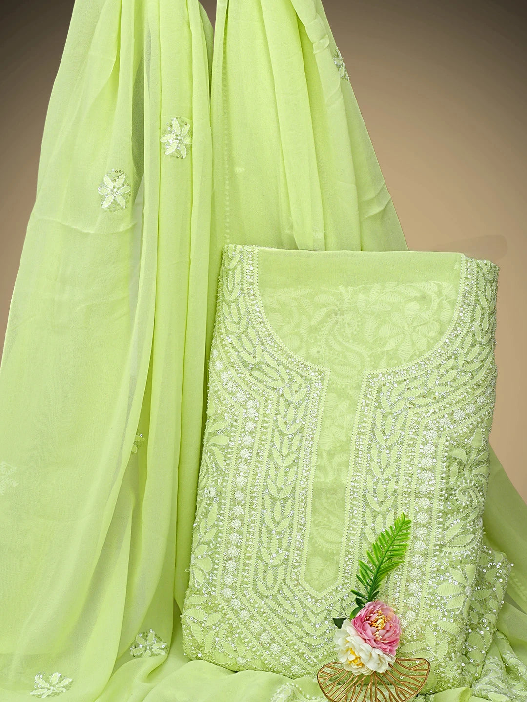 Ada Hand Embroidered Green Pure Georgette Lucknowi Chikankari Unstitched Kurta Dupatta Set With Sequinned Work 01A654937