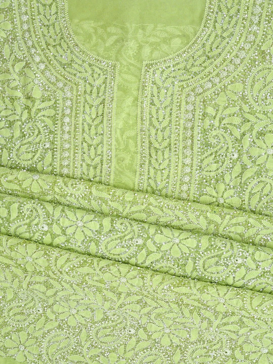 Ada Hand Embroidered Green Pure Georgette Lucknowi Chikankari Unstitched Kurta Dupatta Set With Sequinned Work 01A654937