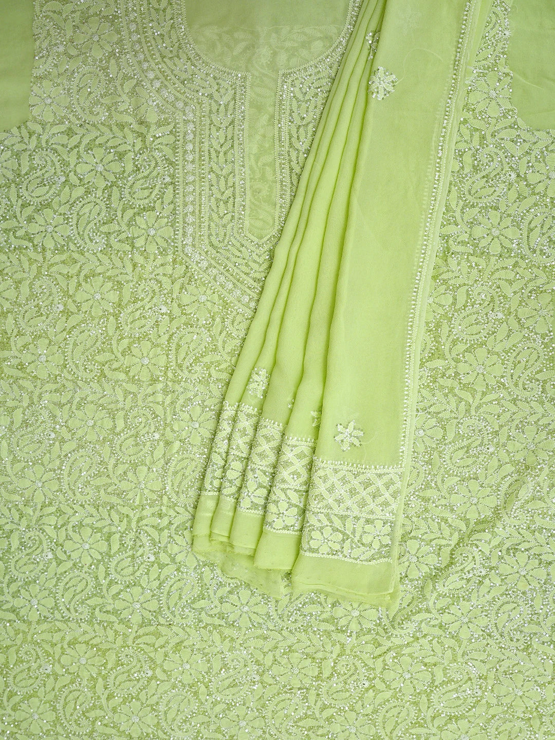 Ada Hand Embroidered Green Pure Georgette Lucknowi Chikankari Unstitched Kurta Dupatta Set With Sequinned Work 01A654937
