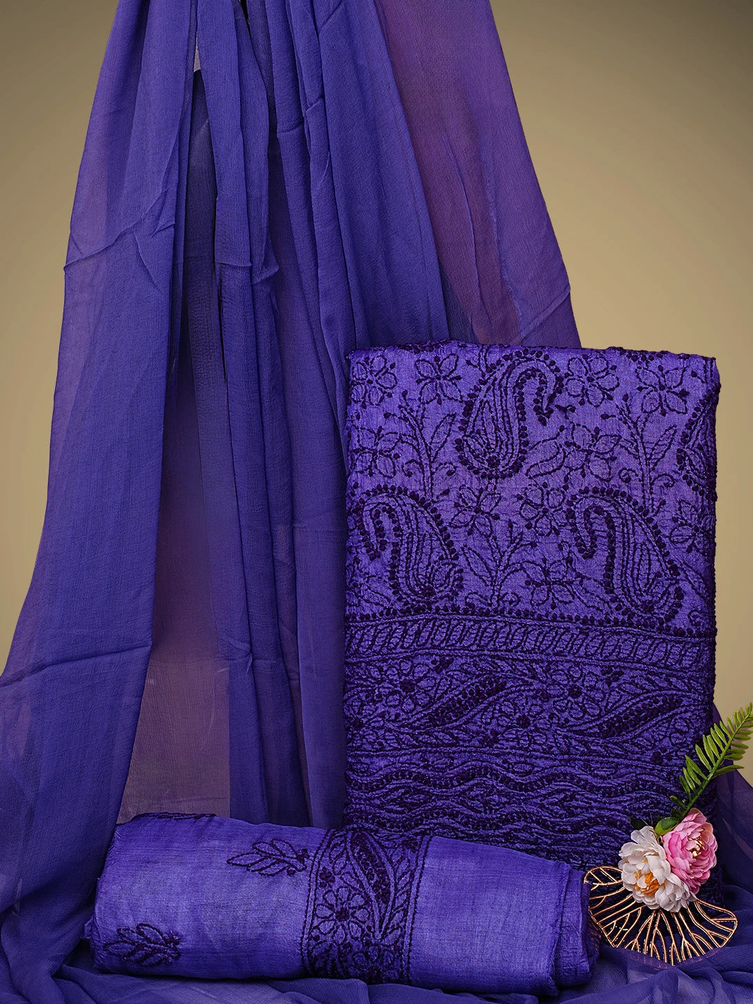 Ada Hand Embroidered Dark Indigo Tusser Silk Lucknowi Chikankari Unstitched Suit Piece 01A763487