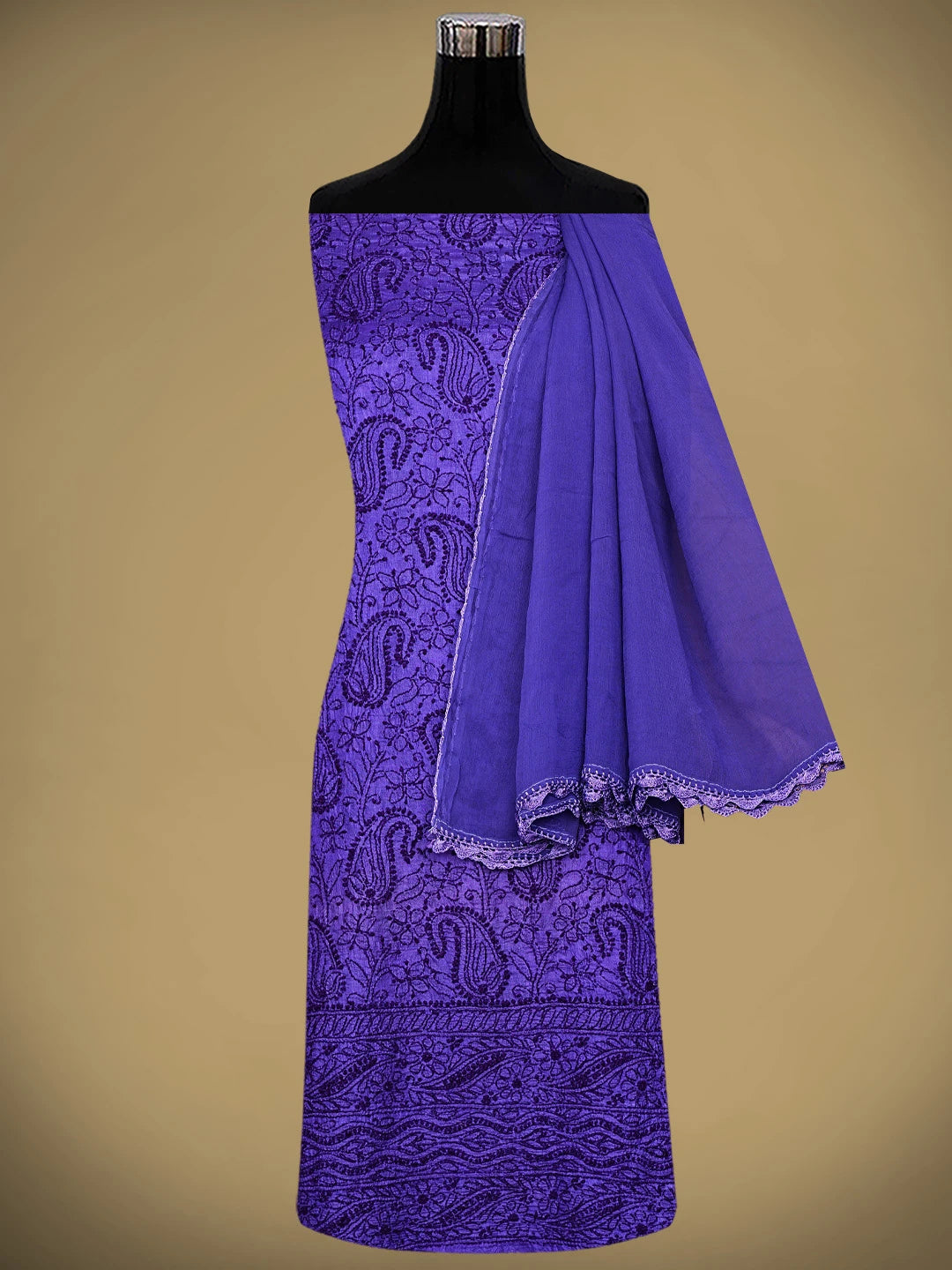 Ada Hand Embroidered Dark Indigo Tusser Silk Lucknowi Chikankari Unstitched Suit Piece 01A763487
