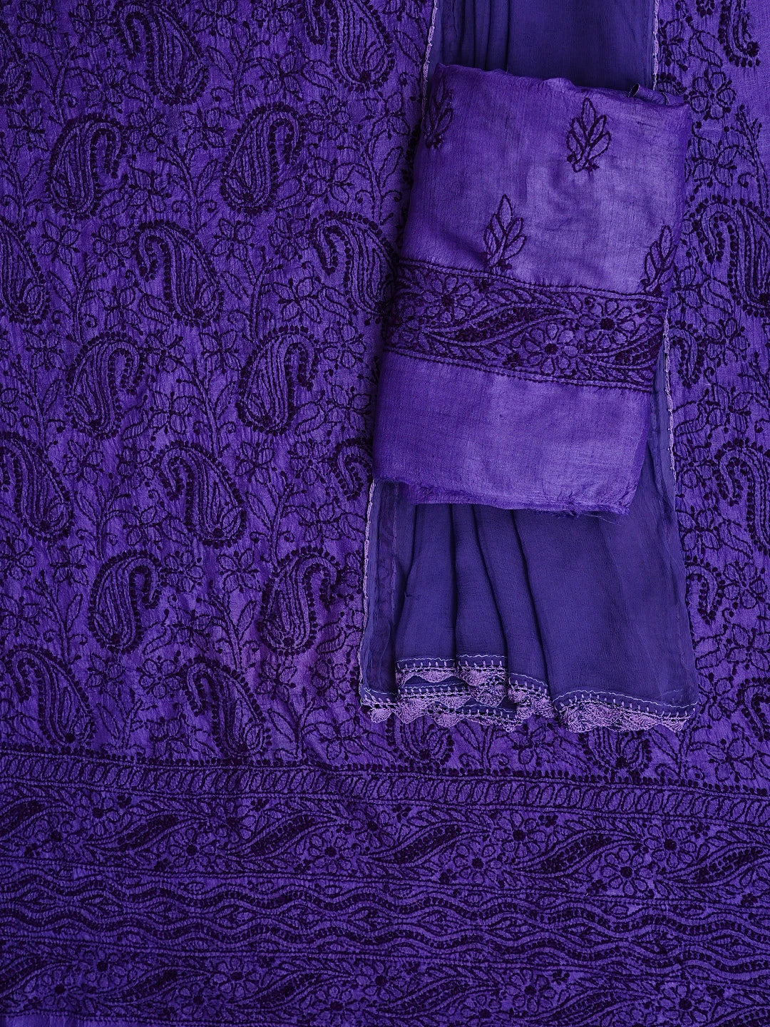 Ada Hand Embroidered Dark Indigo Tusser Silk Lucknowi Chikankari Unstitched Suit Piece 01A763487